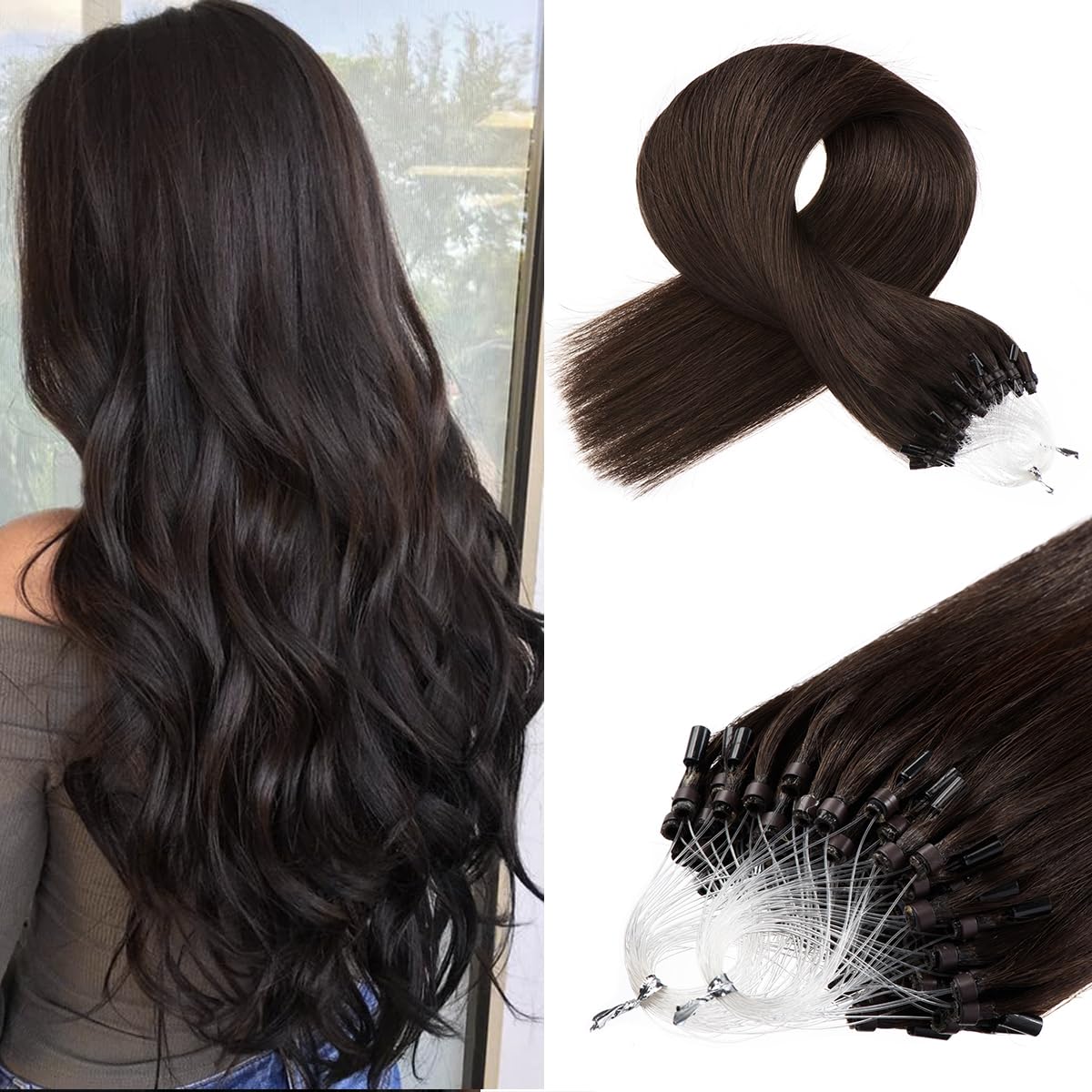 Kpvxxve Micro Link Brown Hair Extensions Human Hair Micro Loop Human Hair Extension #2 Straight Natural Hair 16 Inch 1g/s 50g Micro Bead Extension