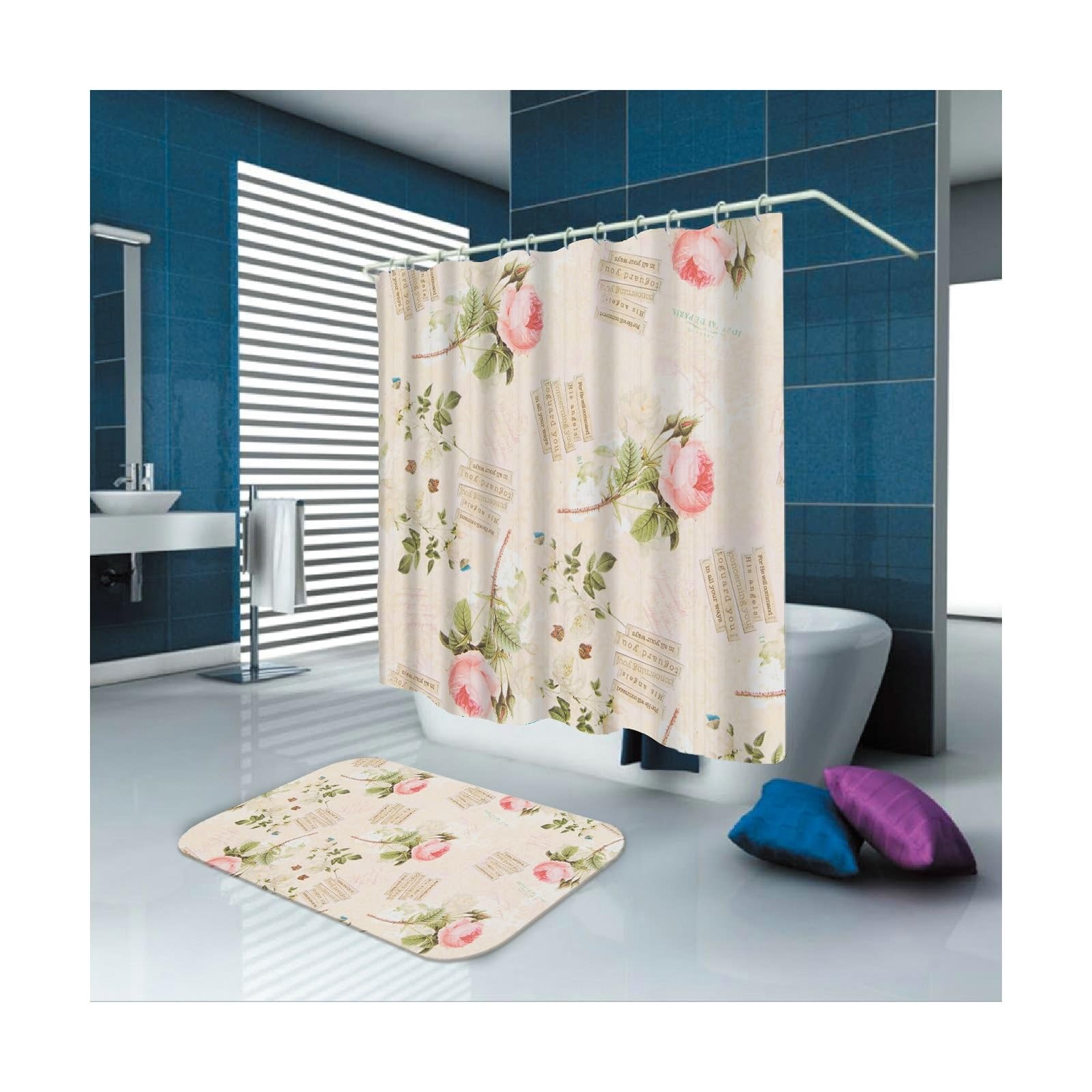 Duschvorhang Bunt 165x200 cm für Badezimmer, Blumen Muster Badvorhang Polyester Waschbar Stoff 1,65 x 2m Lang(BxH) mit Duschvorhangringen