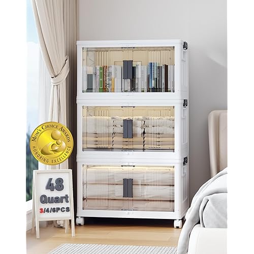 OlarHike 144QT Lockable Storage Bins with Lids - Folding Storage box with Doors and Wheels, Collapsible Plastic Bins for Closets, Stackable Organizer and Containers, Christmas Gifts, 3 Pack Cubes