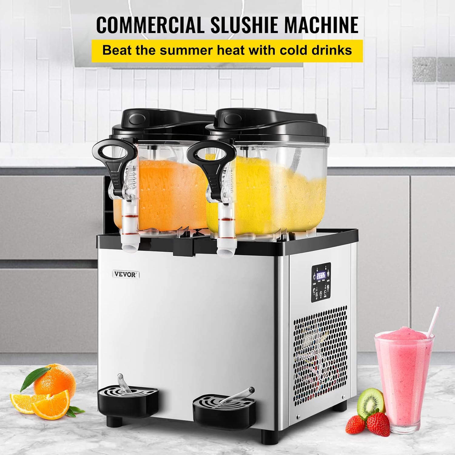 VEVOR Commercial Slushie Machine in a kitchen setting, producing orange and yellow slush, with a glass of pink smoothie and fruits on the counter.