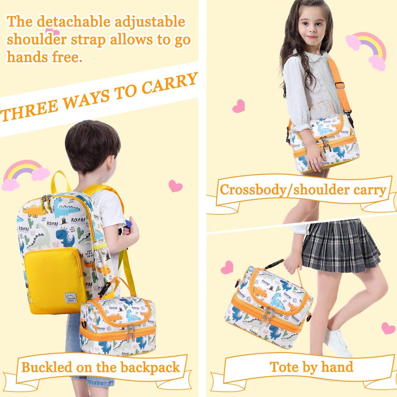 VASCHY Lunch Box Bag Kids, Insulated Two Compartments Cooler Bags for Boys Girls w Shoulder Strap for School,Daycare,Kindergarten,Picnic Dinosaurs Yellow