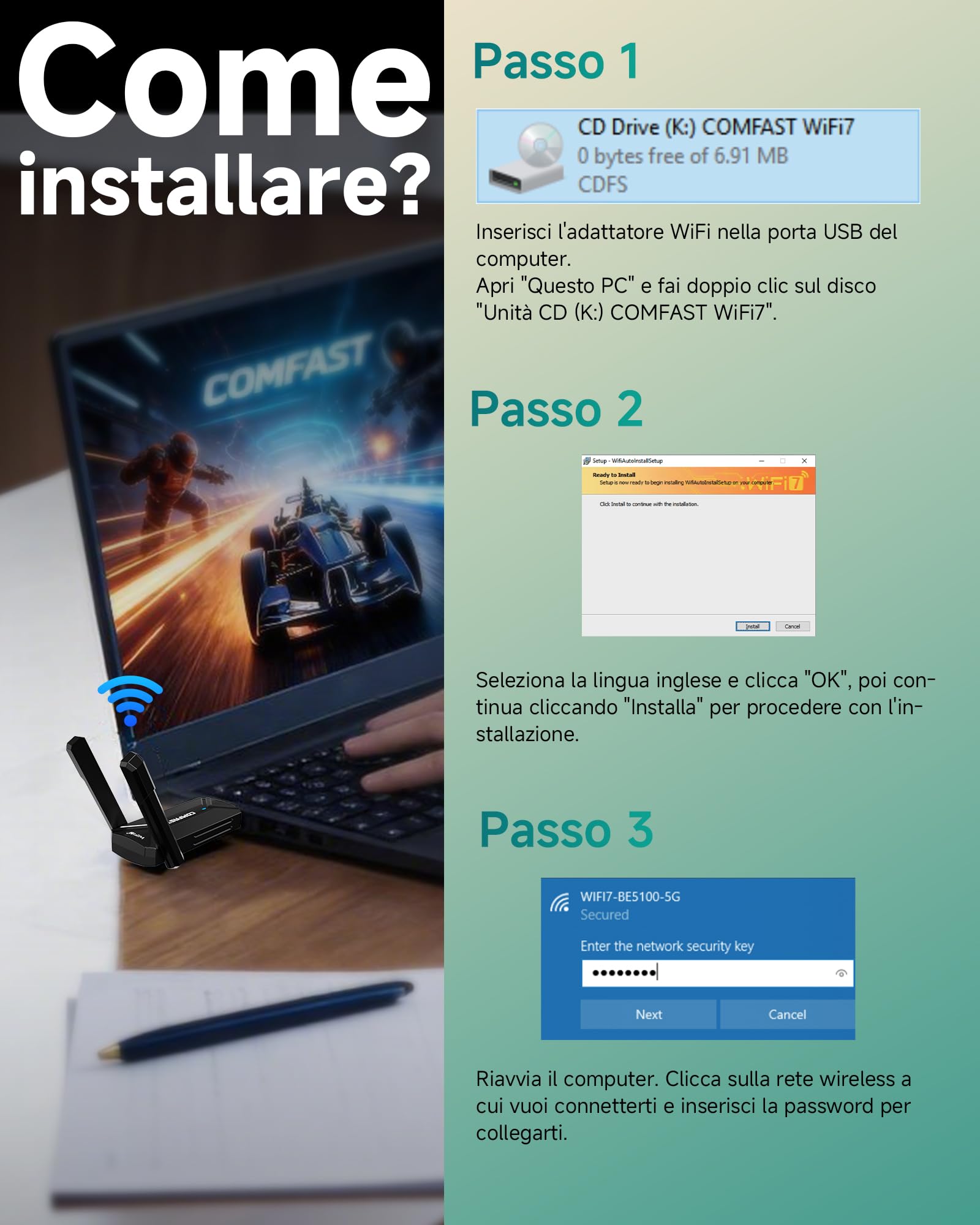 COMFAST Adattatore USB Wireless WiFi7 e Chiavetta WiFi 6500Mbps Tri-Band con Doppia Antenna, OFDMA & MU-MIMO, WPA3, Adattatore USB per WiFi Compatibile con Windows 10/11, Senza Driver Necessari