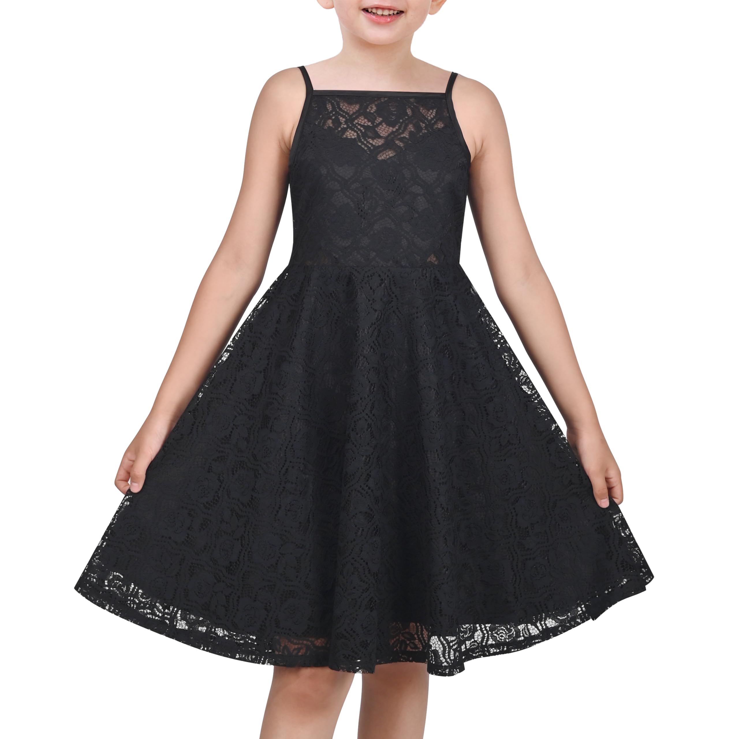 Sunny Fashion Girls Dress Lace Overlay Spaghetti Strap Flared Back Bow Party Recital Size 8 Years Black