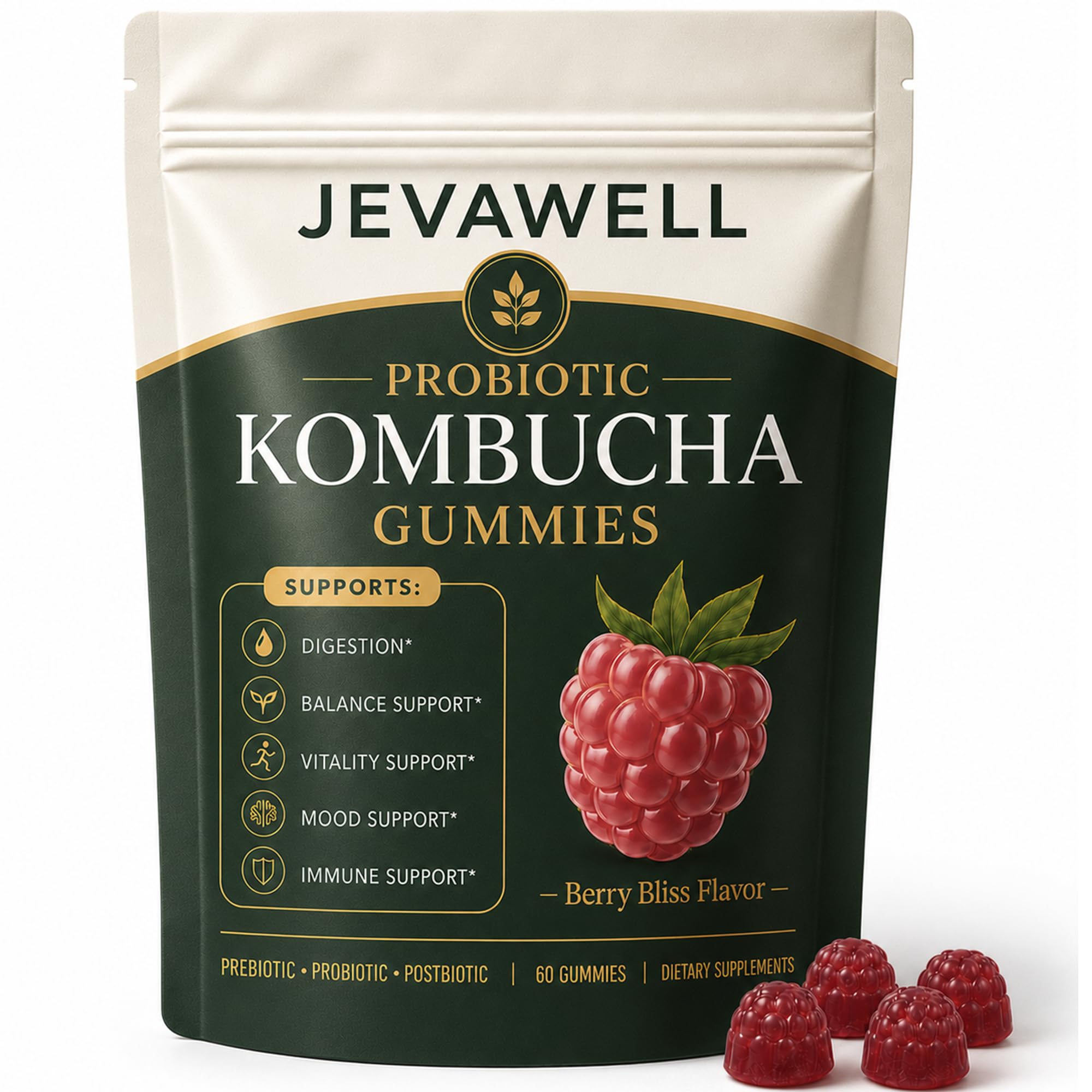 JEVAWELL Probiotic Kombucha Gummies - Prebiotics, Probiotics & Postbiotics - Slippery Elm Bark, Dandelion Root, Soluble Fiber & MCT Oil - Daily Gut Health & Digestive Comfort Support - 60 Count