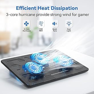 – TECKNET Cooling Pad 12"-17" Laptop Cooler with 3 Ultra Quiet Fans at 1200RPM, Ergonomic Comfort Notebook Cooling Pad with 2 USB Ports, Light-weight Gaming Laptop Cooling Stand