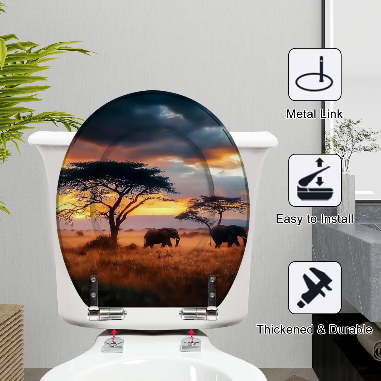 Dekoracyjny okrągły resin siedzisko toaletowe powoli się zamyka, szybkie uwalnianie zawiasów, łatwe czyszczenie, dziki afrykański słoń Tanzania Park zderzaki