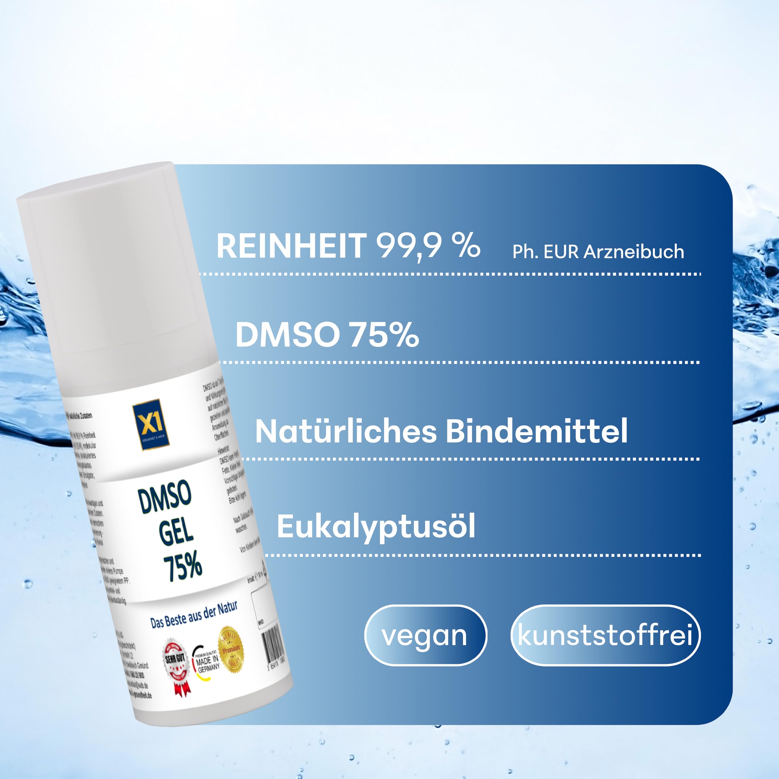 X1 DMSO Gel 75 % – Diméthylsulfoxyde de pureté pharmaceutique à 99,9 % – Tube en polyéthylène haute densité de 50 ml