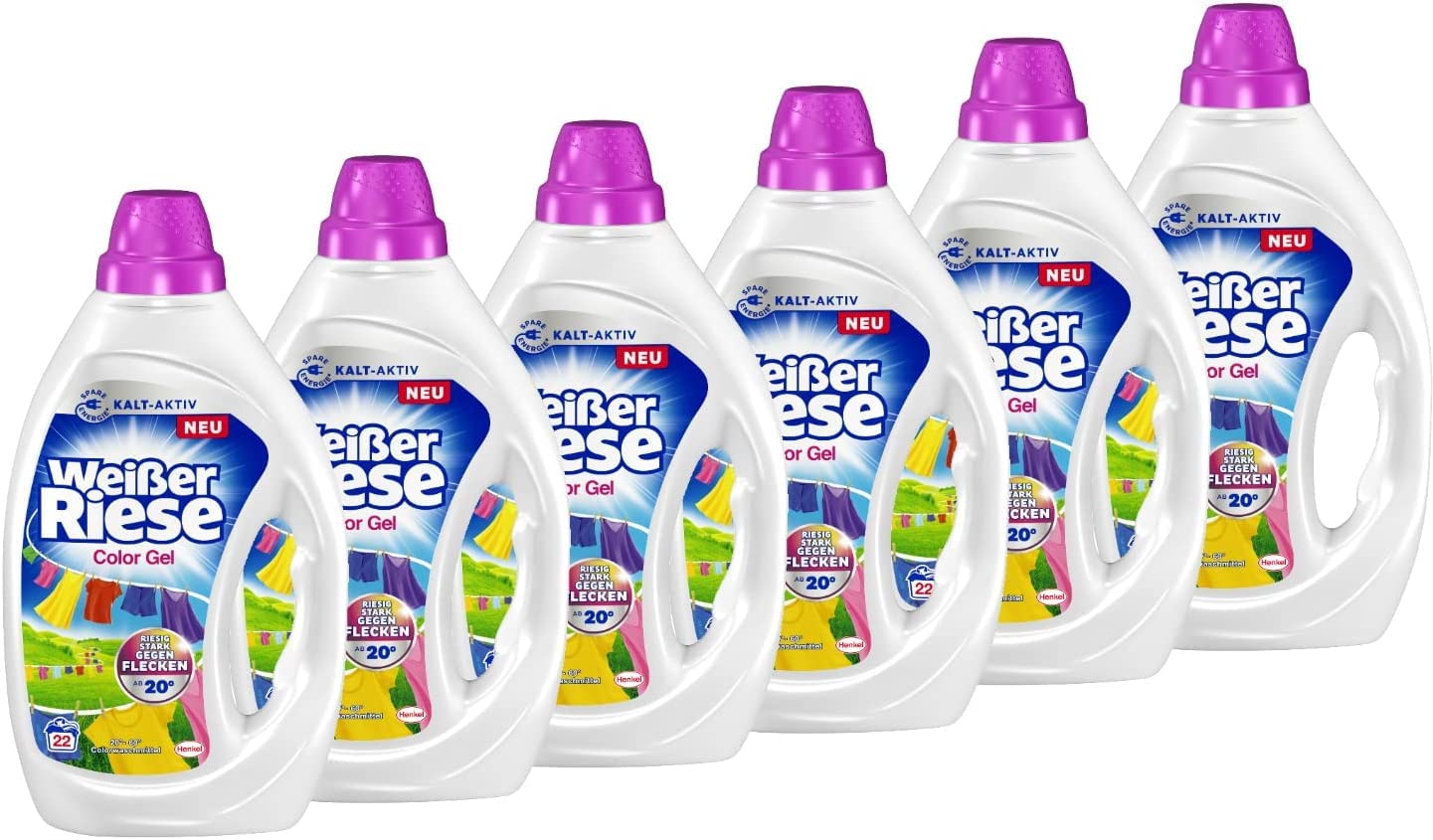 Weißer Riese Color Gel (6x 22 Waschladungen), Color Waschmittel sorgt für strahlend saubere Wäsche & wirkt riesig stark gegen Flecken, Kalt-Aktiv schon ab 20°C, 100 Prozent recycelbar
