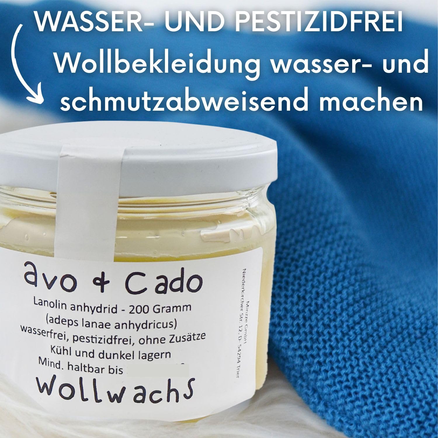 avo+cado Wollwachs 200g im Glas - zur Wollimprägnierung - zum Fetten von Wollwindeln und Wollkleidung - Brustwarzensalbe Creme - 100% reines Lanolin Schafwollfett - Wasserfrei und pestizidfrei