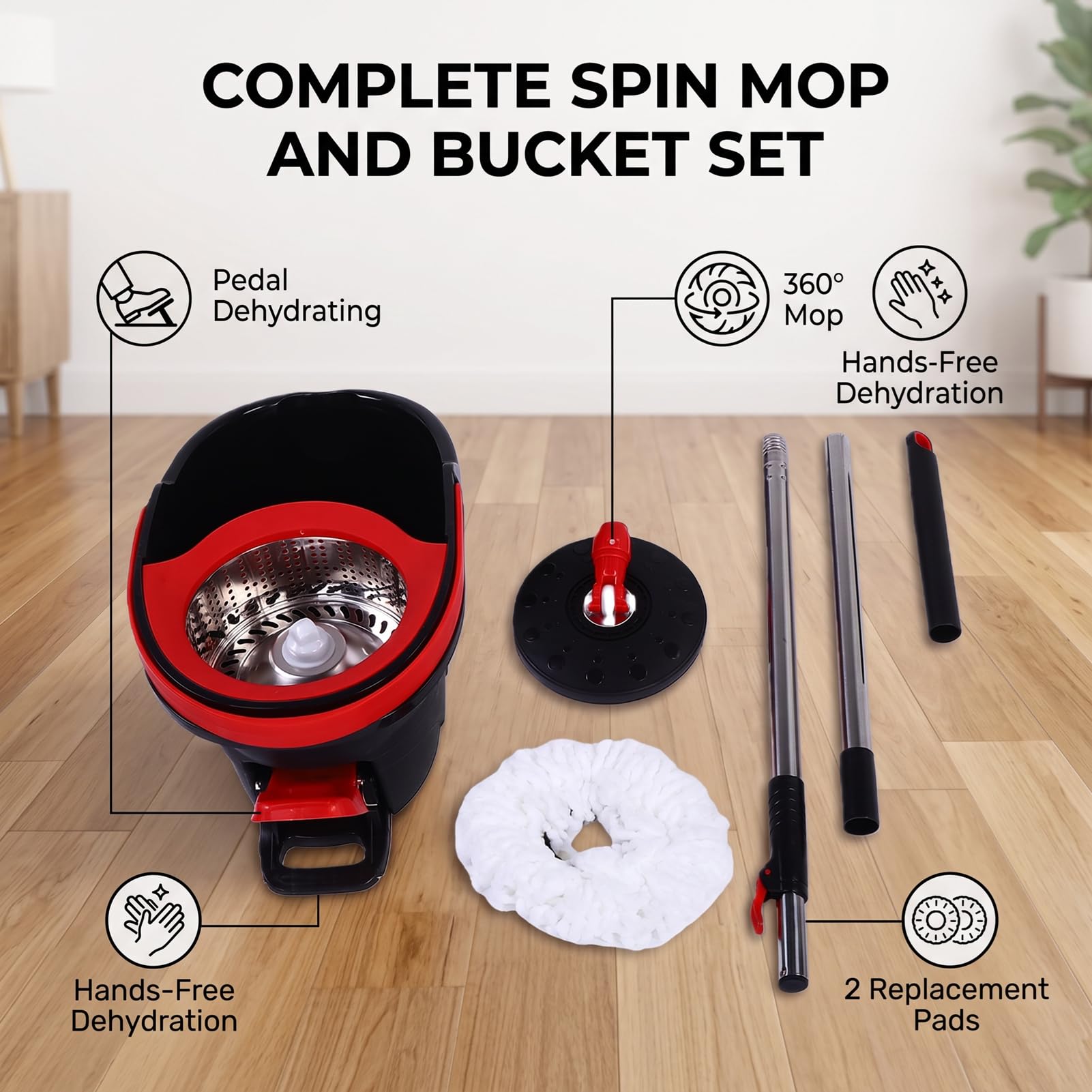 ZJchao Fregasuelos con Cubo de Exprimidor con Pedal, Cabezal Giratorio 360° de Microfibra para Pisos de Madera, Baldosas y Laminados, Incluye 2 Paños Lavables