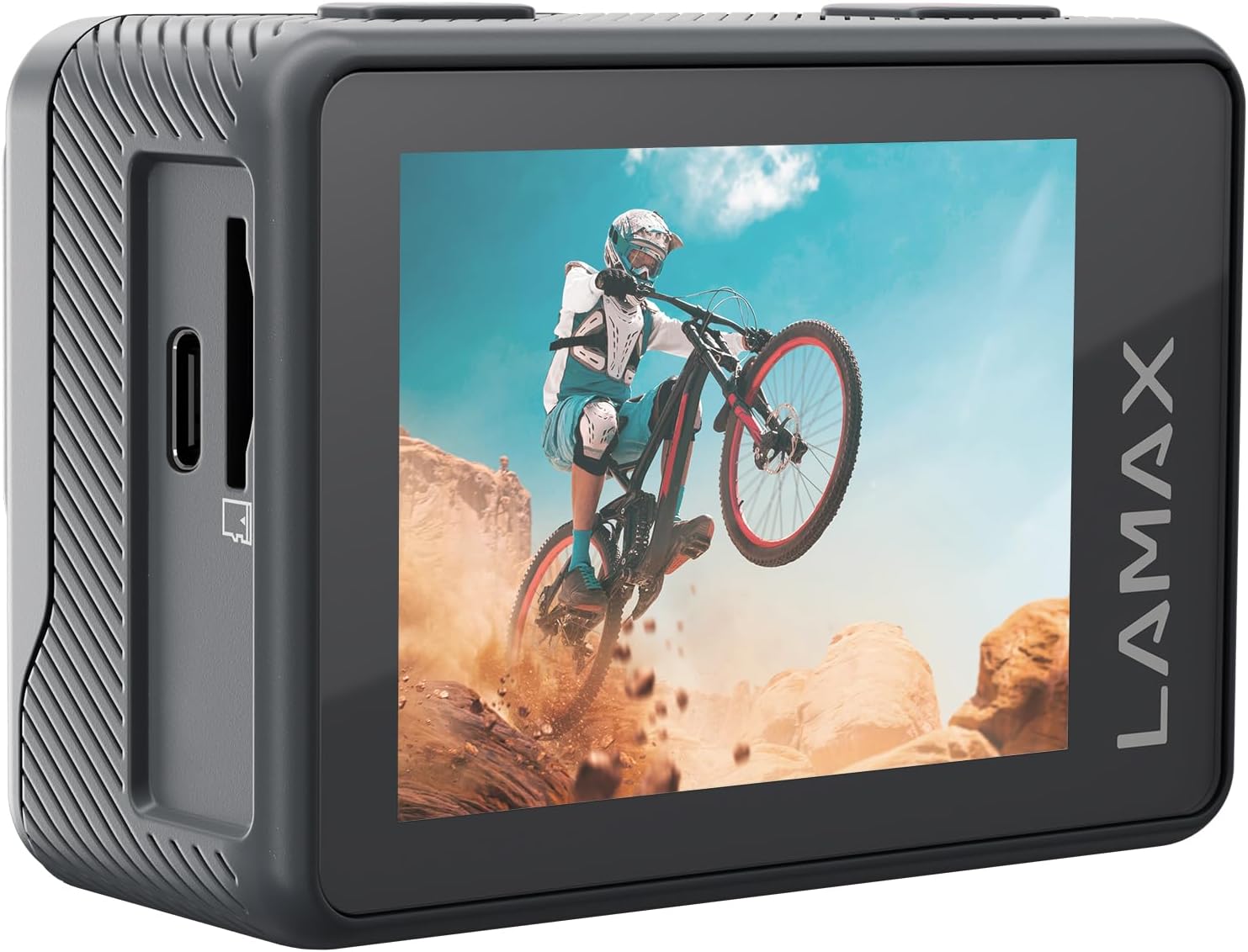 LAMAX X5.2 Action Camera rear view with screen displaying footage
