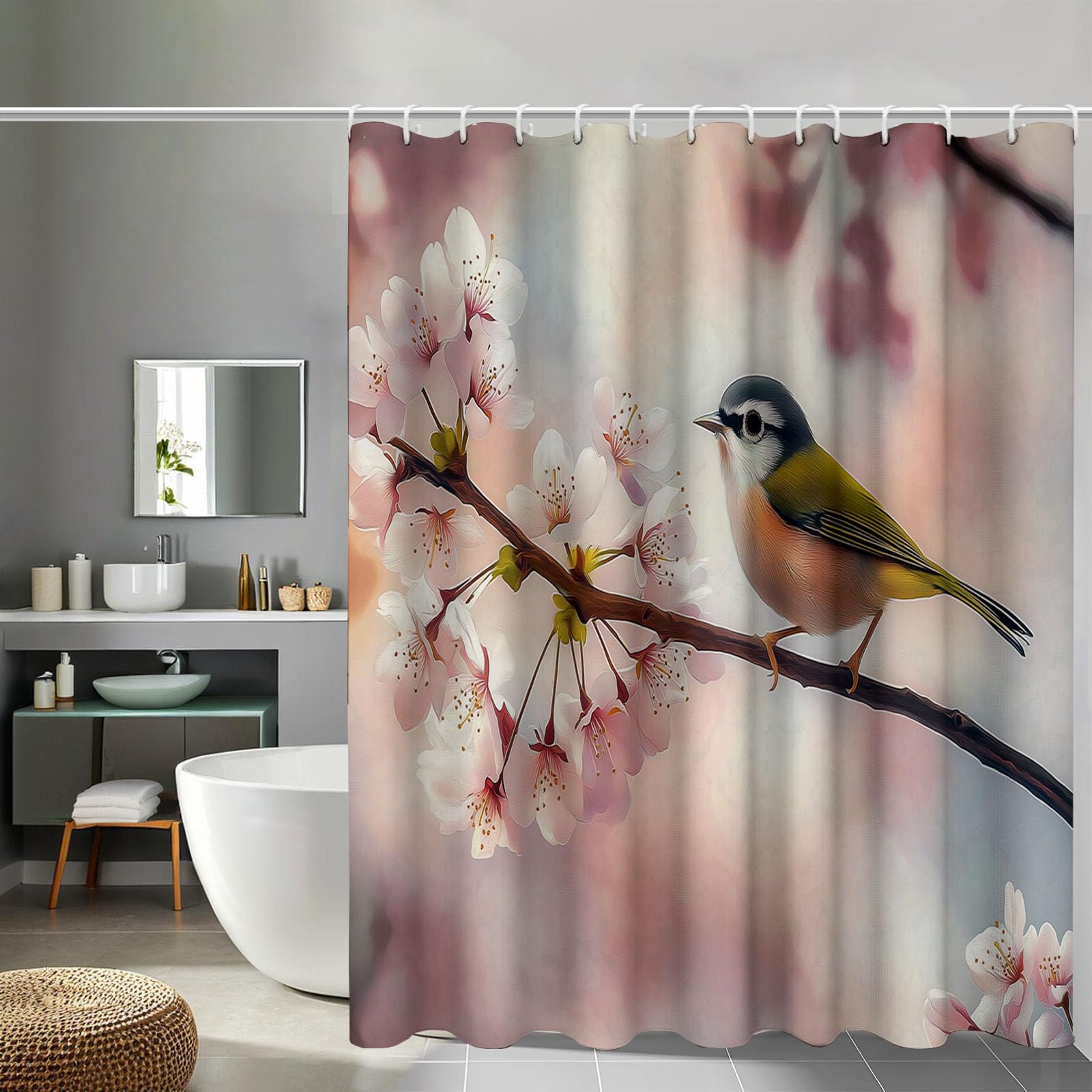 Rideau de douche oiseau pastel pour une salle de bain zen et propre