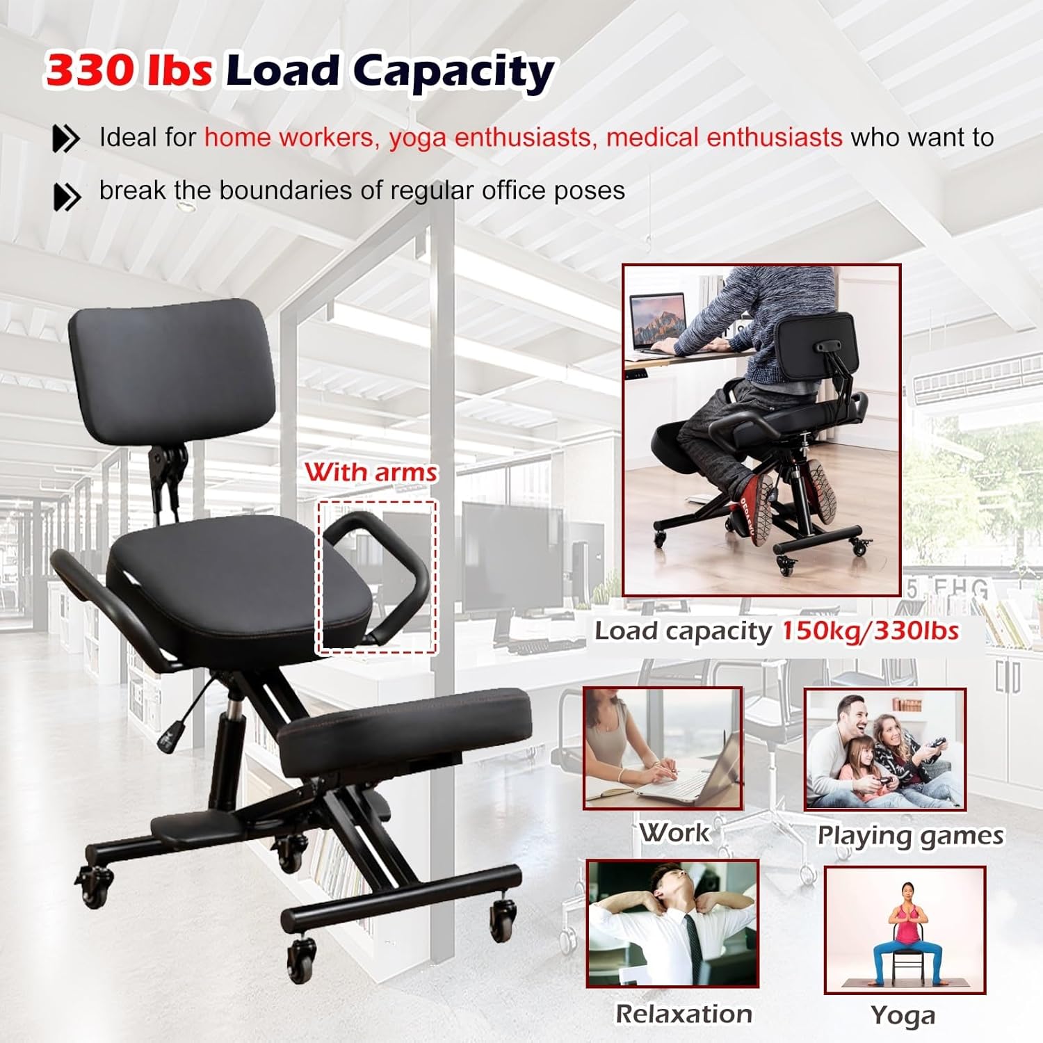 Desk Kneeling Chairs Cross Legged Office Chair with Wheels and Foot Rest, Ergonomic Chair Kneeling Chair with Arm - Posture Chair for Computer Workers Yoga Lovers Meditation Fanatics