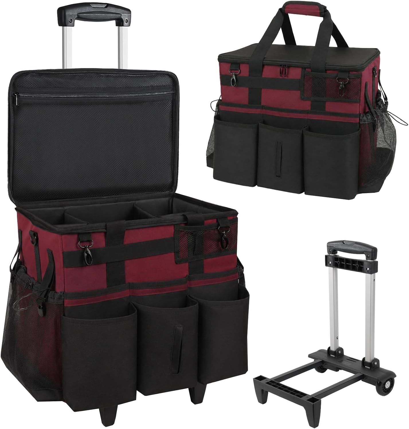 SCAVATA Rolling Cleaning Caddy Bag with Detachable Trolley, Large Cleaning Supplies Organizer with Wheels, Multi-Pocket Cleaning Cart with Adjustable Shoulder Strap for Housekeepers (Magenta)