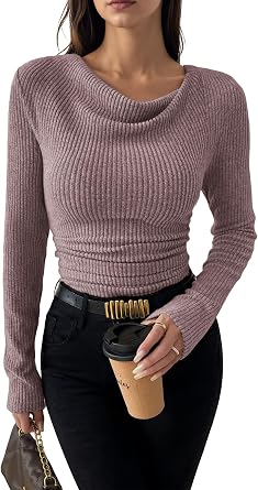 IWD Womens Cowl Neck Tops Long Sleeve Ribbed Lightweight Knit Shirts Slim Fit Fall Clothes Purplish Pink, Small