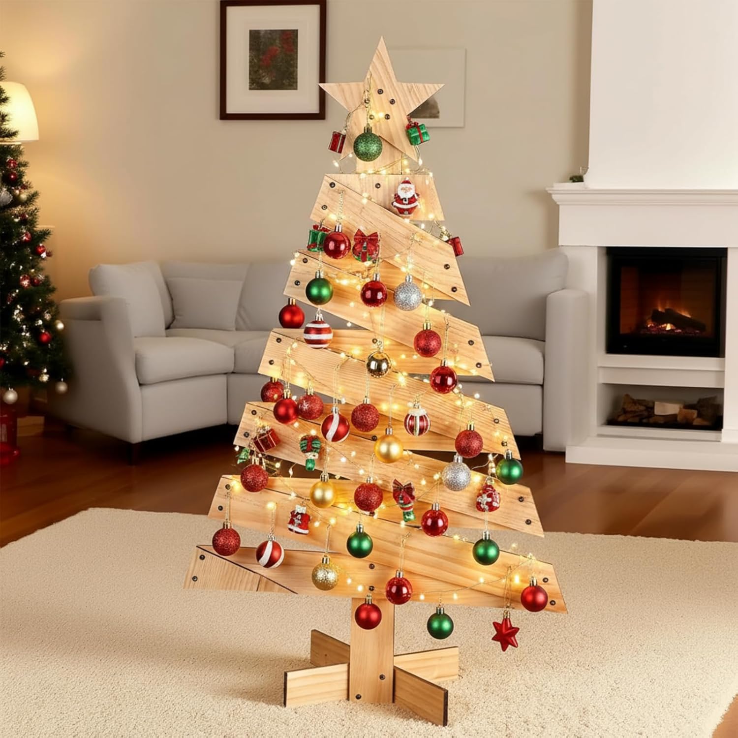 36インチ クリスマスツリーオーナメント ディスプレイスタンド 木製 素朴なクリスマスビレッジ ツリーデコレーション 吊り下げフック