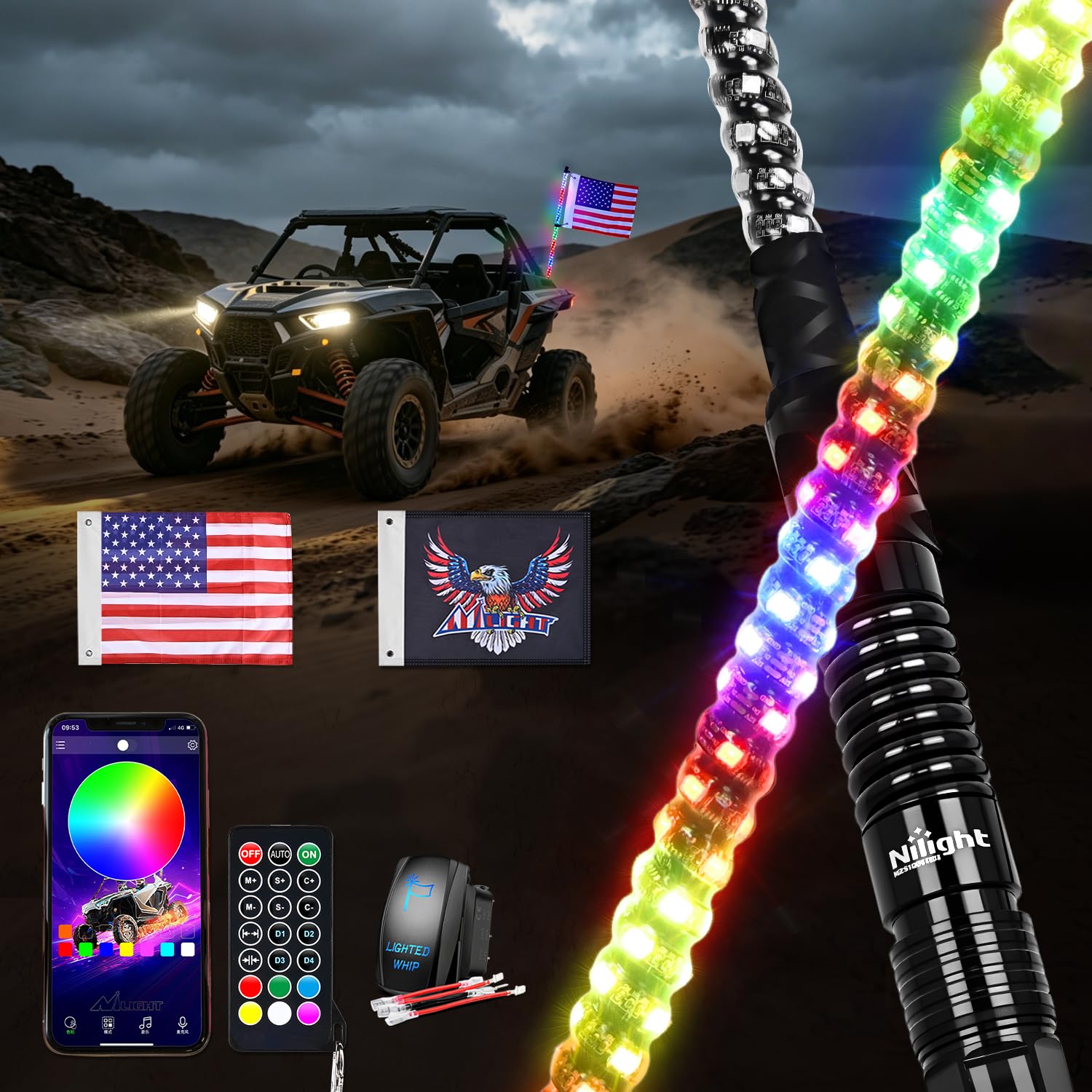 Nilight RGB LED Whip Light 1PC 3FT Spiral Antenna Whips
