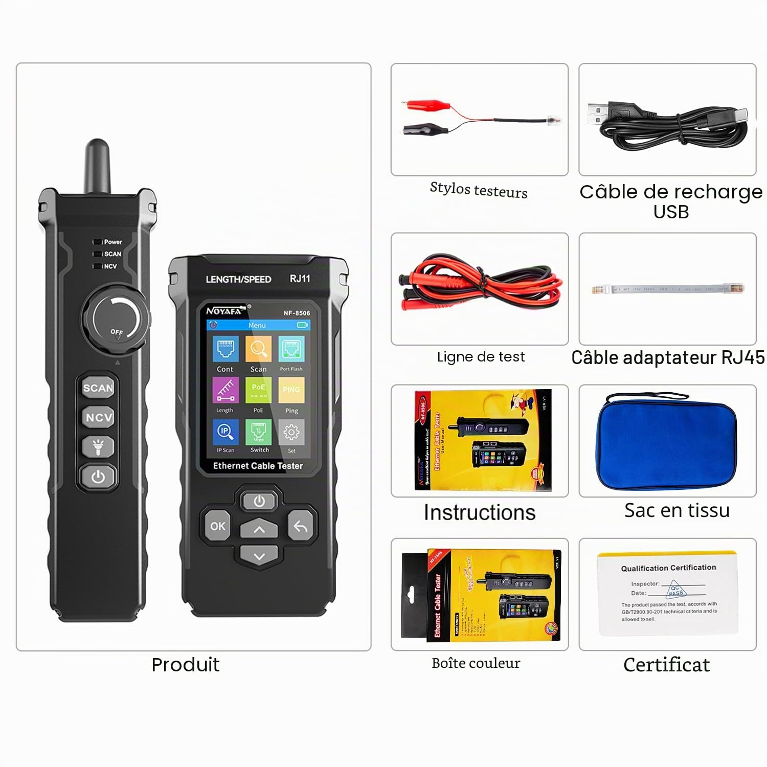 NOYAFA NF-8506 Testeur de Câbles Réseau – Testeur Ethernet avec Ping, Scan IP & TDR, Test de Débit Réseau, Clignotement de Port, Détecteur de Câbles RJ45 RJ11, CAT5 CAT6