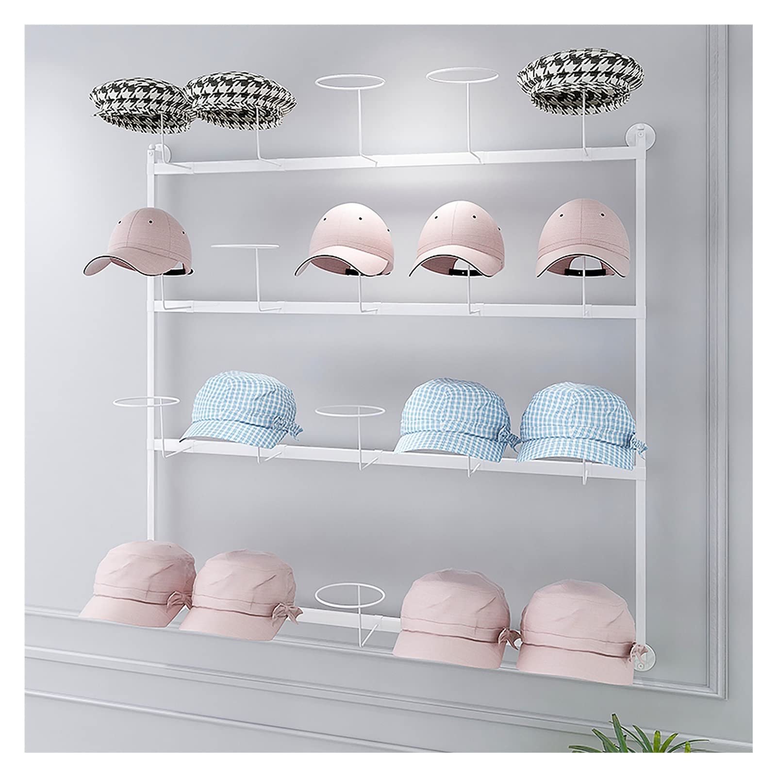 Perchero de pared metálico para gorras de béisbol, 4 niveles, para pelucas y gorras, con ganchos móviles, 100 cm de alto, negro, blanco y dorado, fácil de instalar (largo blanco), blanco, largo: 100