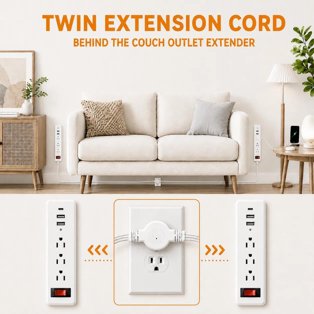 Dual Verlängerungskabel - 3 Fuß Split Verlängerungskabel, 6 Steckdosen und 6 USB-Anschlüsse, Dual Steckdosenleiste, 3 Pin und Flachstecker für hinter Bett, Sofa
