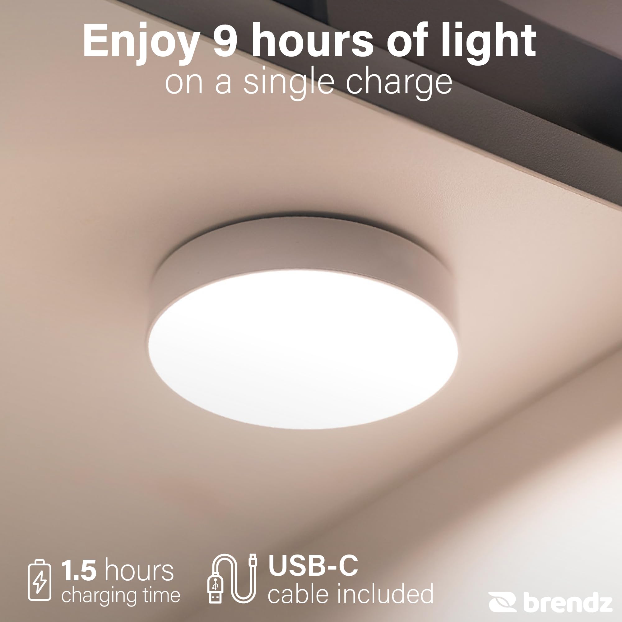 Luce LED Rotonda Brendz Per Armadio, Dimmerabile E Ricaricabile USB-C, 3 Temperature Colore, Attacco Magnetico, Nera