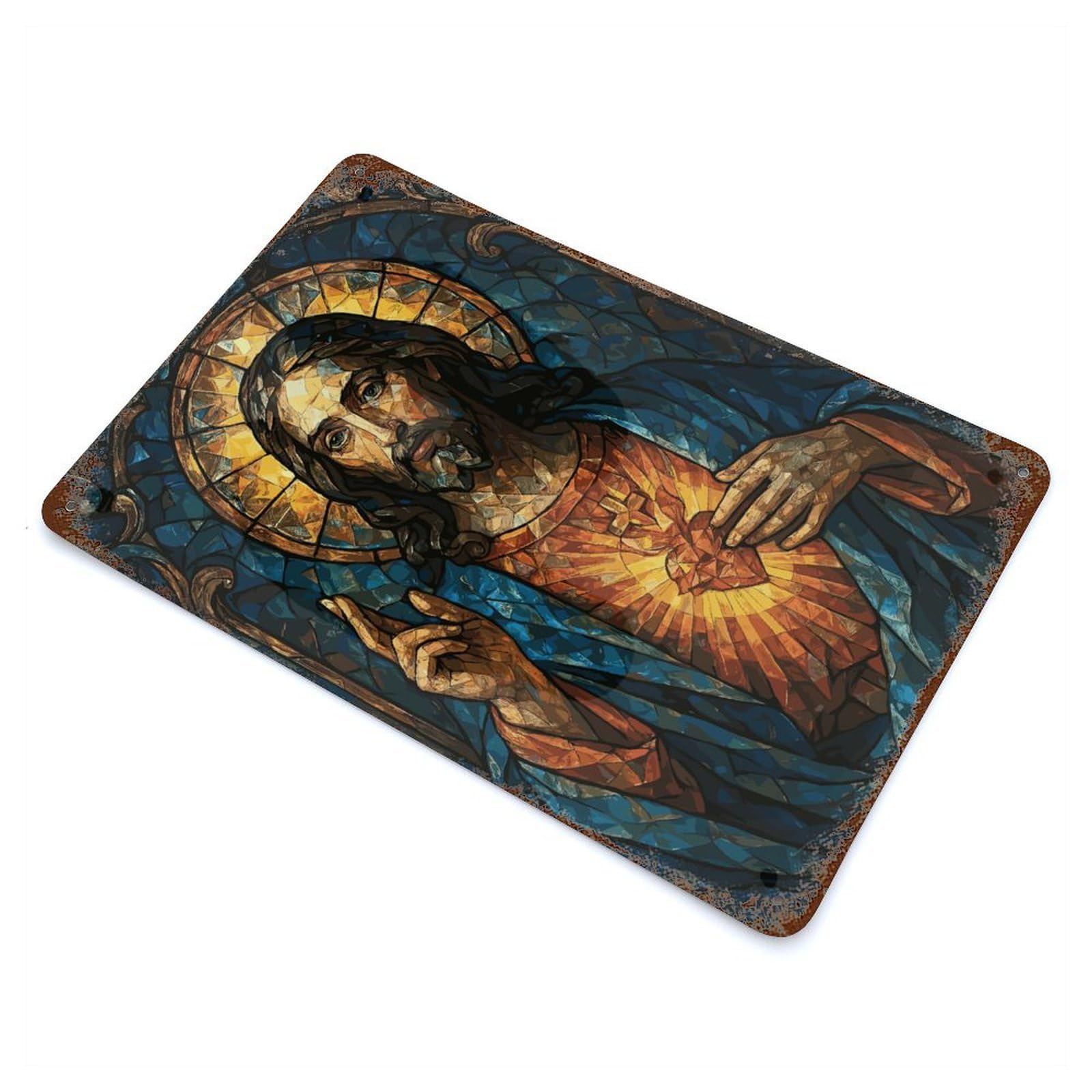 Stained Glass Jesus Christ Portrait Weathered Tin Sign 11.8"x7.9", Ideal for Basement, Hobby Room And Garage Decor