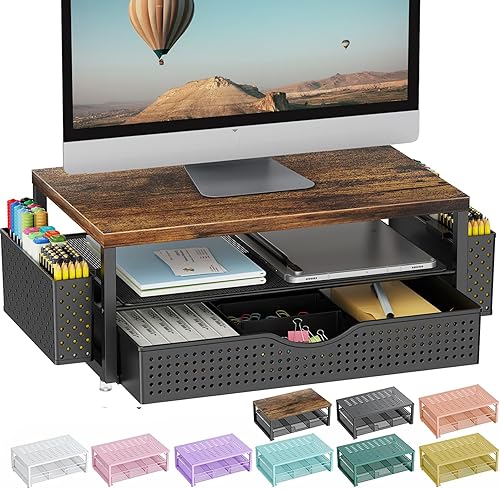 gianotter Soporte elevador de madera para monitor, organizador de escritorio de oficina, organizador de escritorio con cajón y soporte para