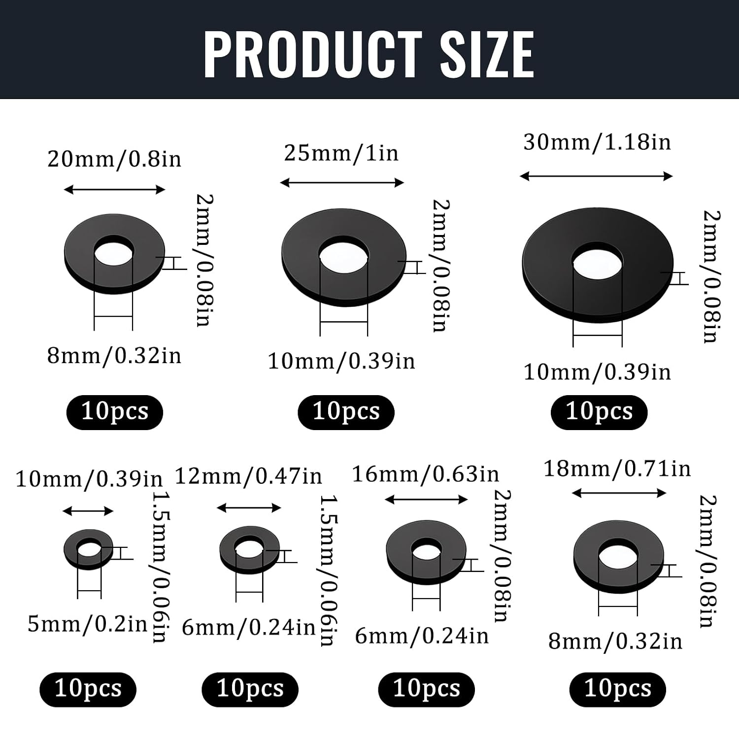 70Pcs Black Rubber Washers Assortment Kit, 7 Sizes Flat Round Washers (10-30mm), Vibration Absorbing Sealing Gasket Set for Faucets, Garden Hose, Bolts, Screws, Plumbing, Universal Shower Head