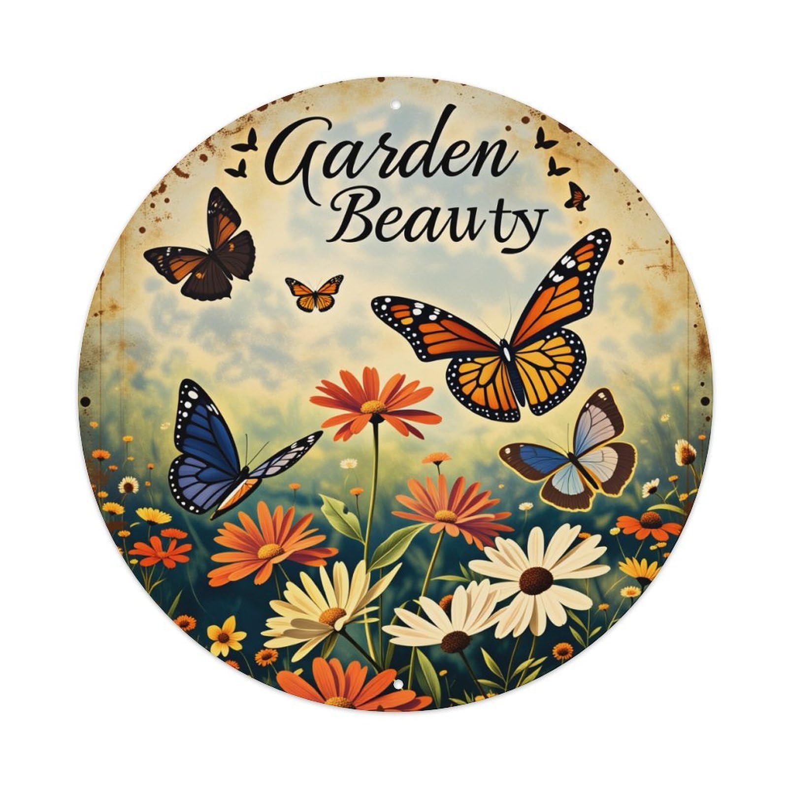 Butterfly Flower Garden Sky Nature Round Tin Sign Vintage Style Metal Sign Home Bar Garden Wall Plaque Decor Metal Poster 8x8 Inch