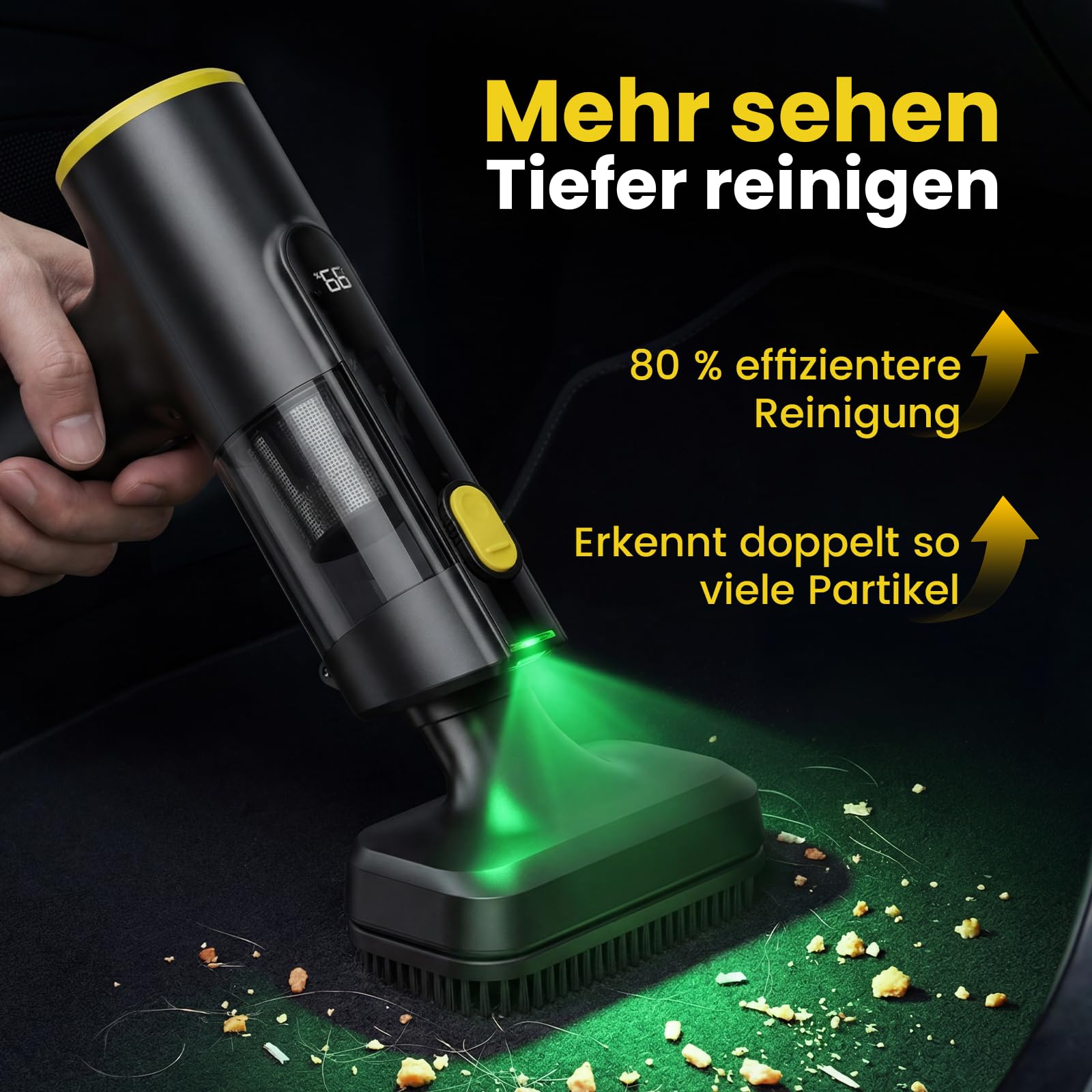 Handstaubsauger Akku Kabellos, 28000Pa Mini Autostaubsauger Stark Saugend, 7800mAh, 60 Min Laufzeit, 3-in-1 mit LED-Display und Bürstenlosem Motor für Auto, PC, Sofa, Küche