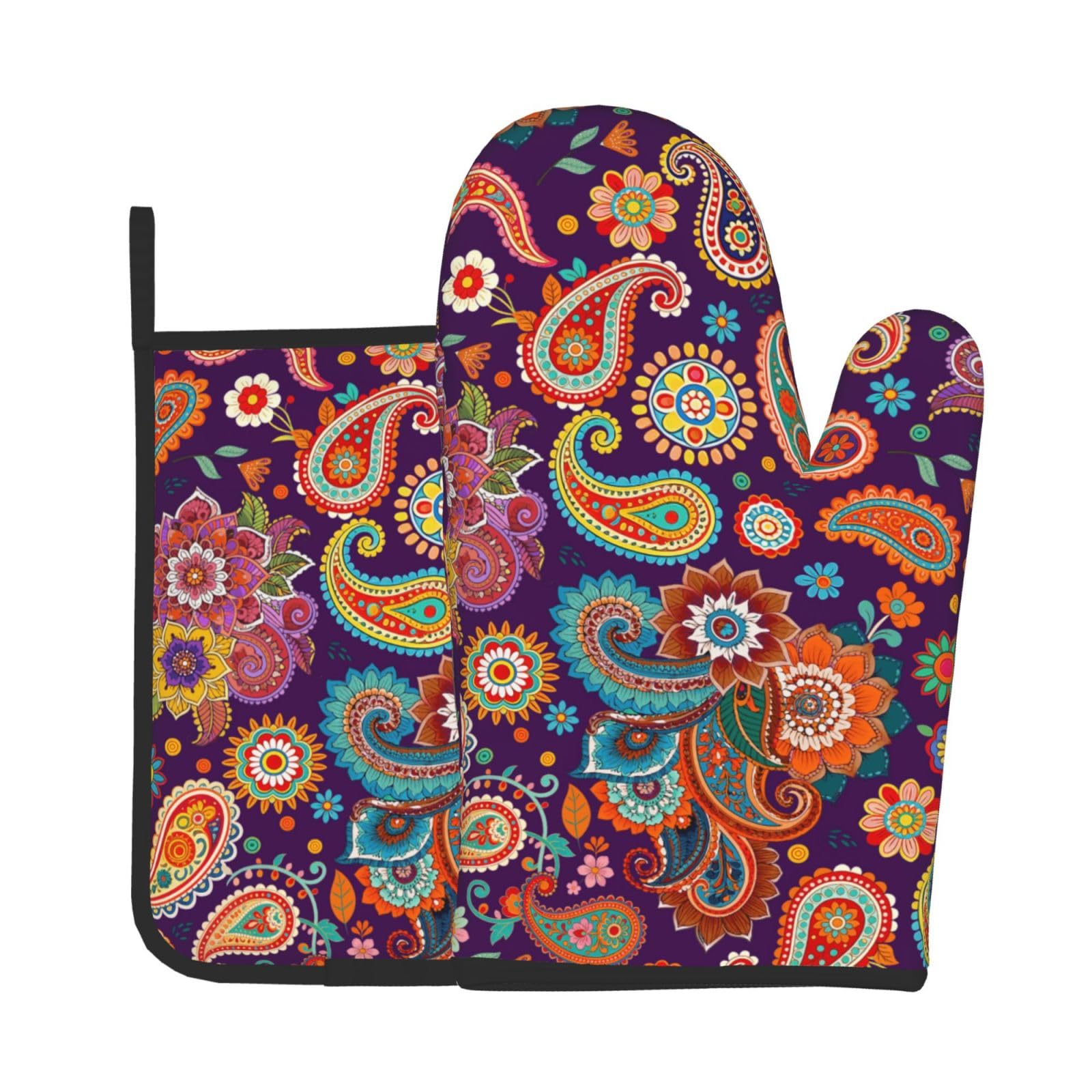Red Boho Oven Mitts and Pot Holders Sets 2 Pack