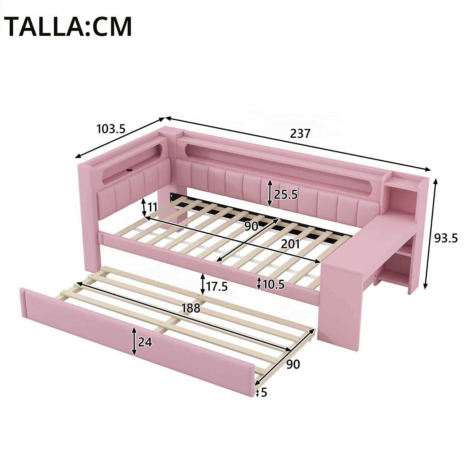 Cama de día tapizada de 90x200 con puertos USB y cinturón LED, con cama nido y escritorio (Rosa con cama nido)
