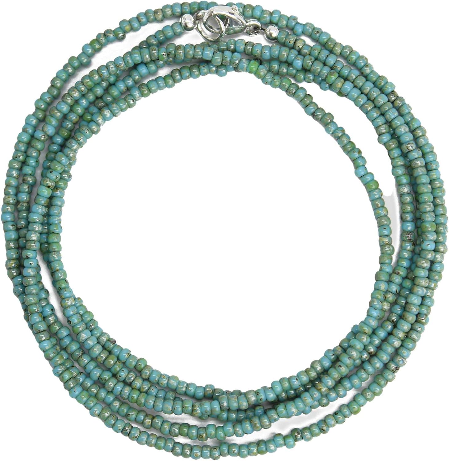 Handmade Turquoise Blue Picasso Seed Bead Necklace, Thin 1.5mm Single Strand