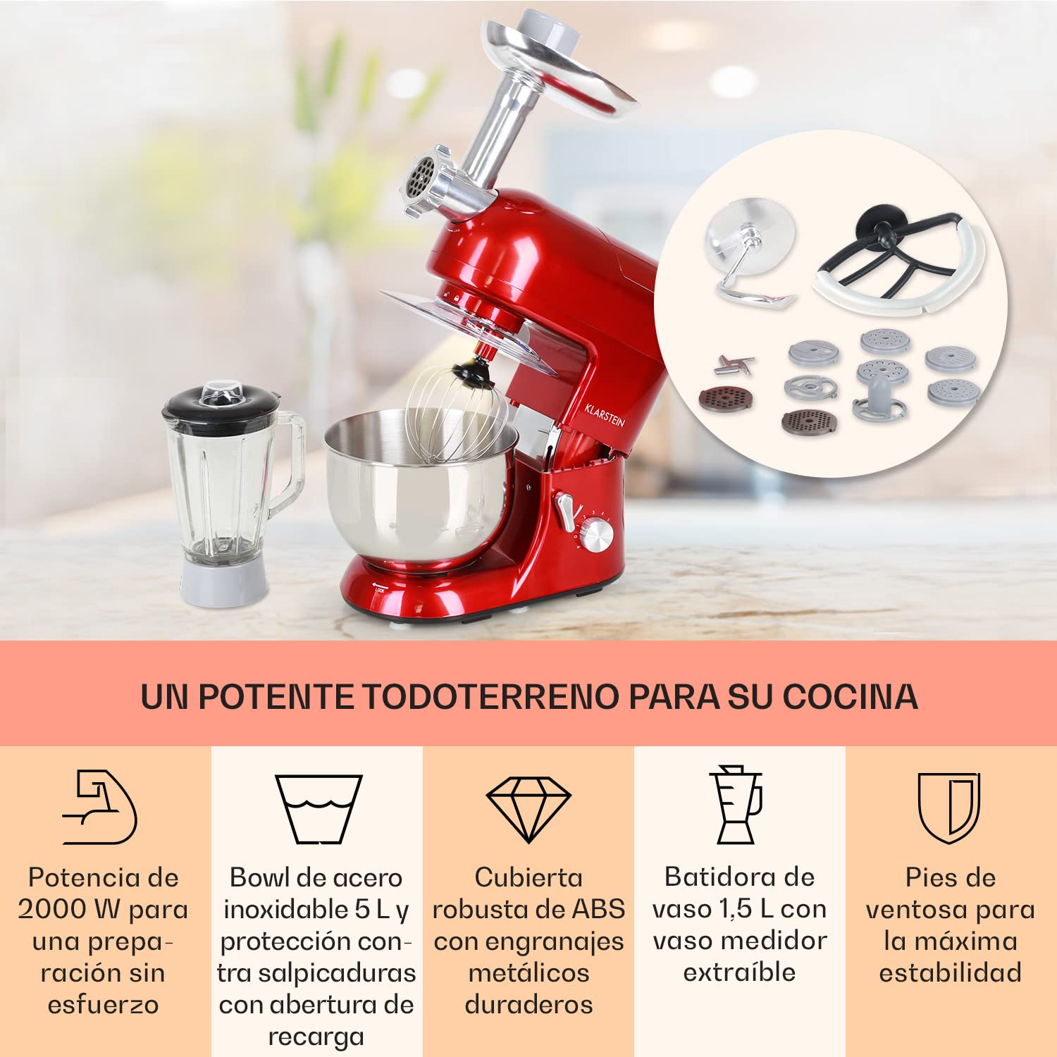 Klarstein Batidora Amasadora con Bol 5L para Hornear, Robot Cocina, Amasadora Reposteria 2000W, Picadora Carne, Gancho y Bol para Mezclar con Varillas Rotación Planetaria con 6 Velocidades