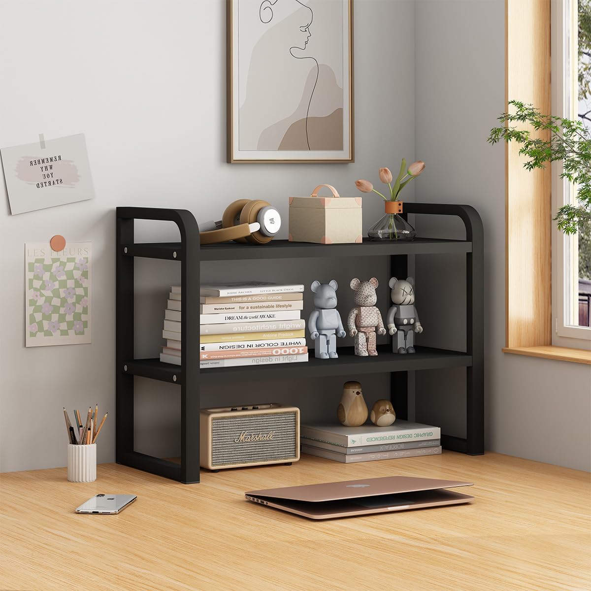 Office Desk Shelf Organizer, Wood Desktop Bookshelf Supplies Storage Rack, Shelf for Top of Desk and Dresser and Cubicle Decor Aesthetic Bookshelf (White White, Two Tier 19.69 Lx7.87 Wx15.16 H)