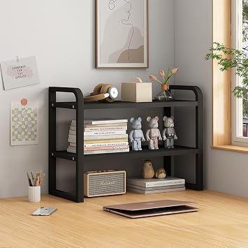 Office Desk Shelf Organizer, Wood Desktop Bookshelf Supplies Storage Rack, Shelf for Top of Desk and Dresser and Cubicle Decor Aesthetic Bookshelf Black Black-Two Tier