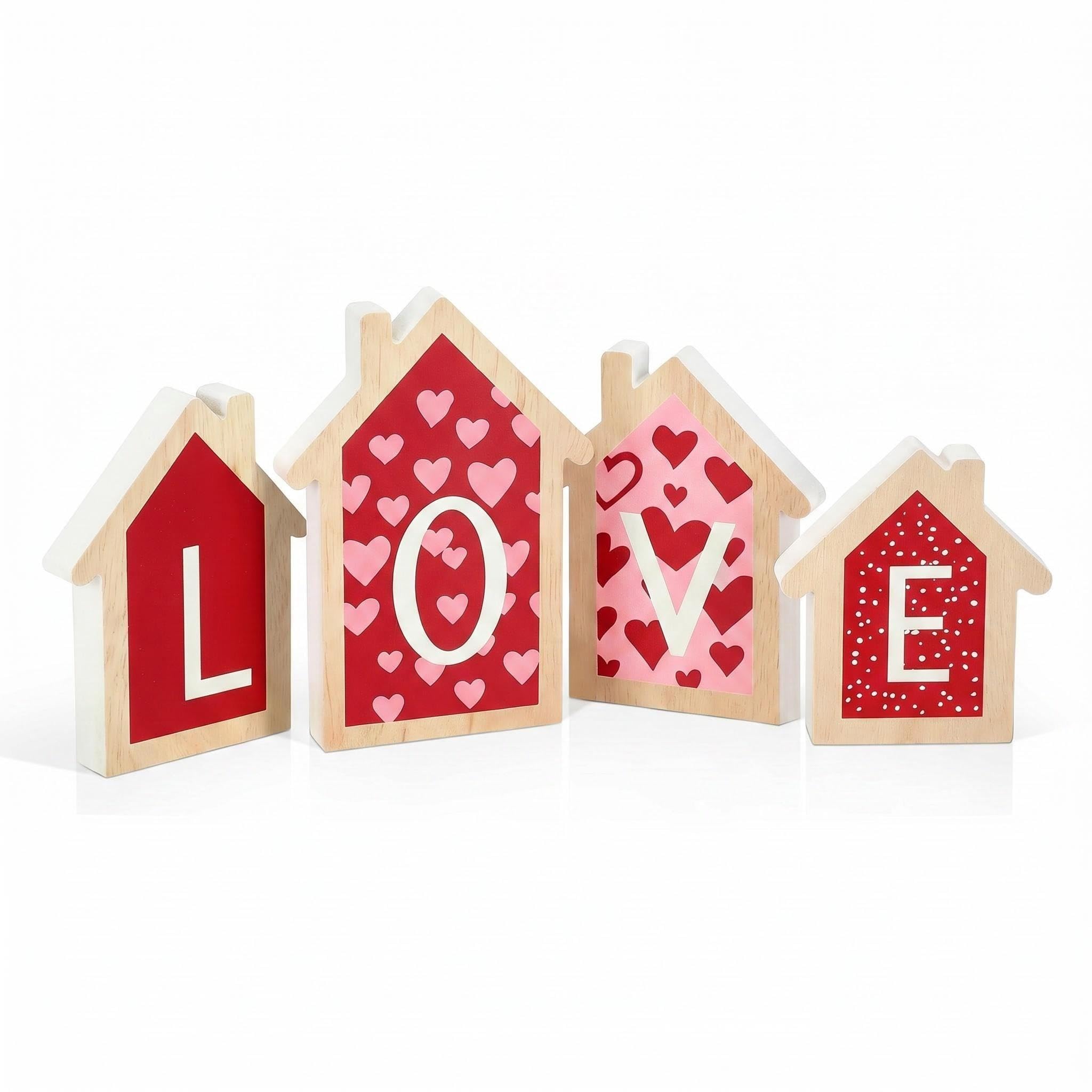 4Pcs Wood House Decor,QIANSSE Red Pink Valentines Decorations for Home Tiered Tray Mantel Shelf Decor Festive Valentines Day Decorations Indoor