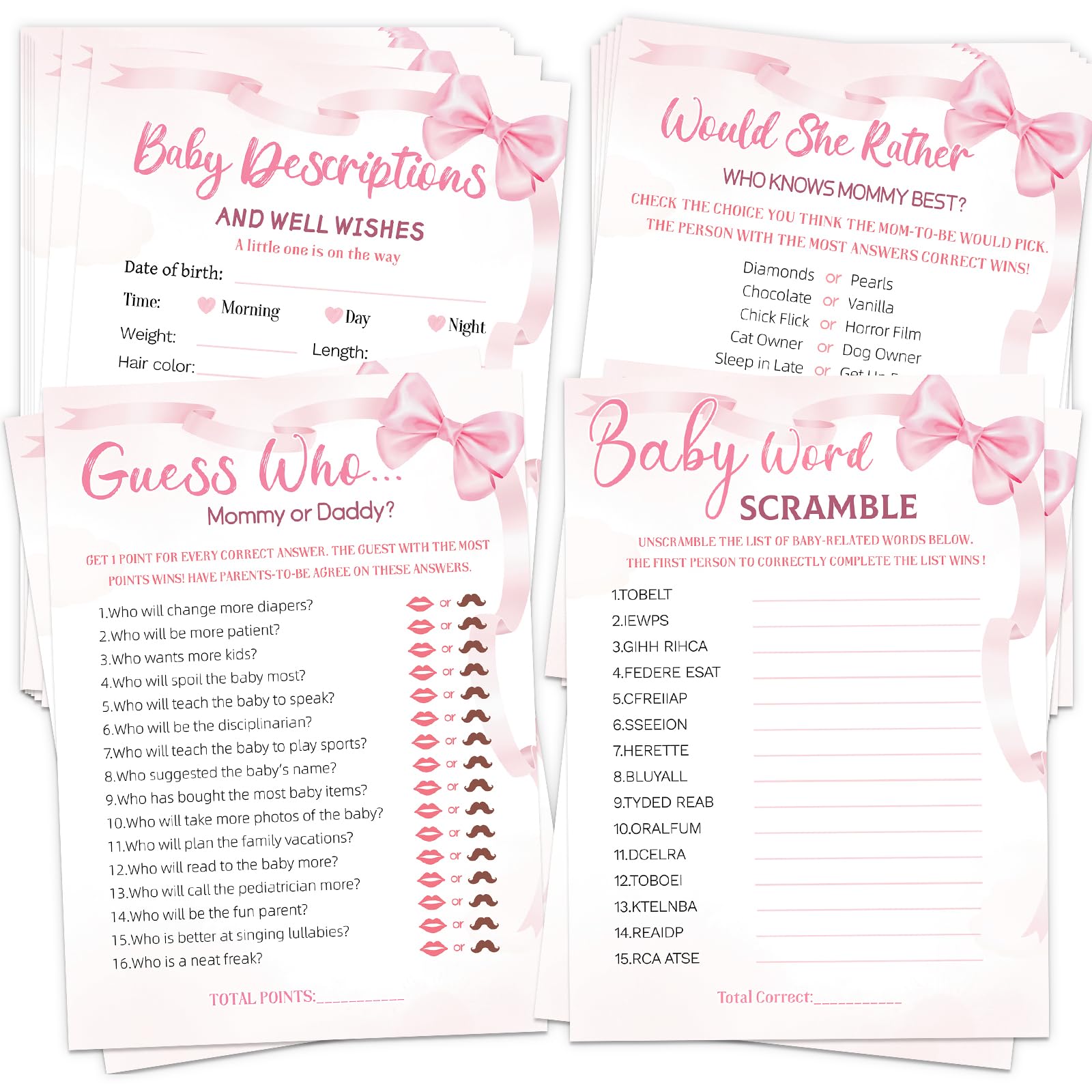 HOMANGA Baby Shower Games, 4 Fun Games for 25 Players, Pink Bow Design