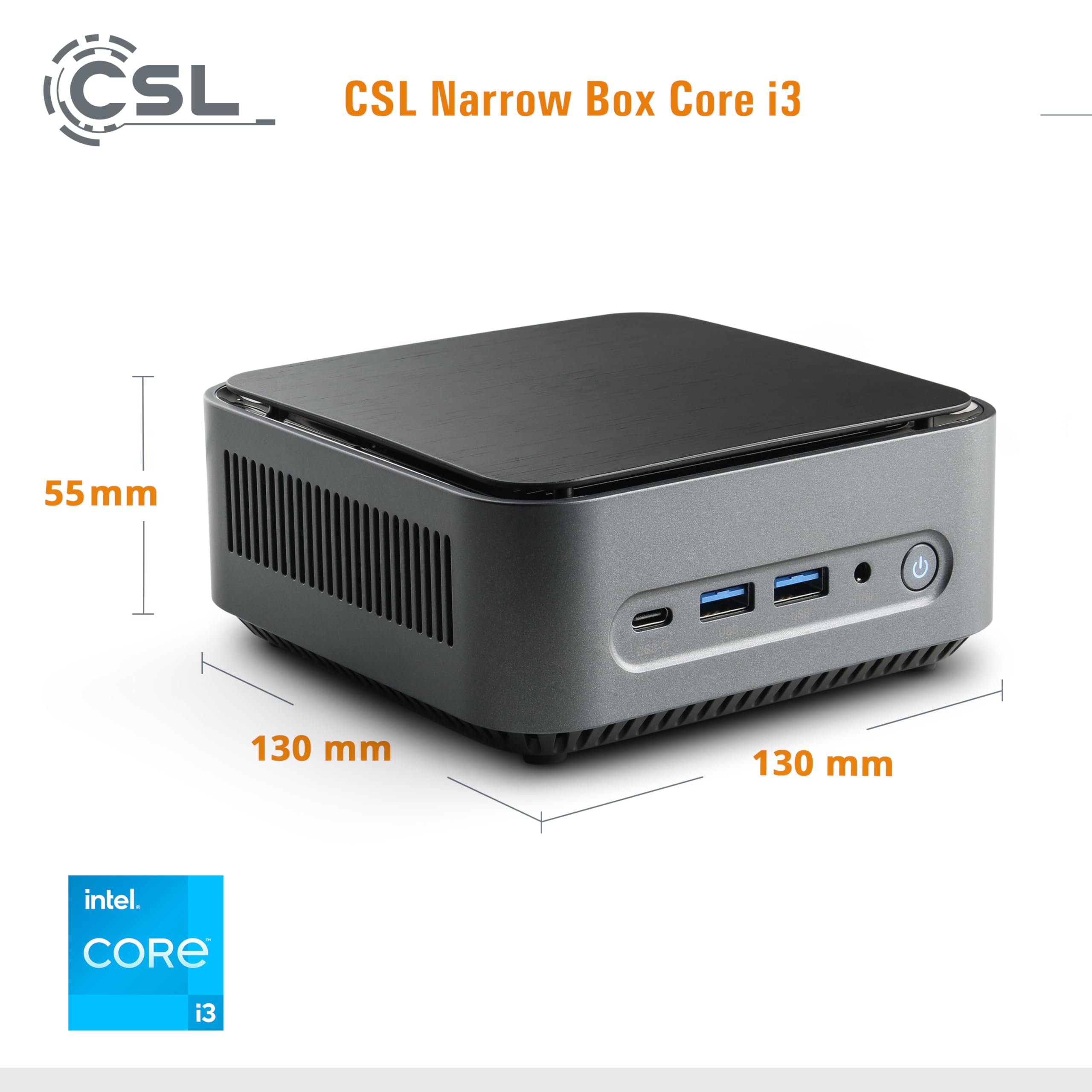 Mini PC CSL Narrow Box Core i3 Windows 11 Pro, Intel Core i3-N305 8X 3800MHz Turbo Clock, 2000GB M.2 SSD, 32GB DDR4-RAM, Intel UHD Graphics, HDMI 2, USB 3.2, BT 5.2, DisplayPort, Dual WLAN