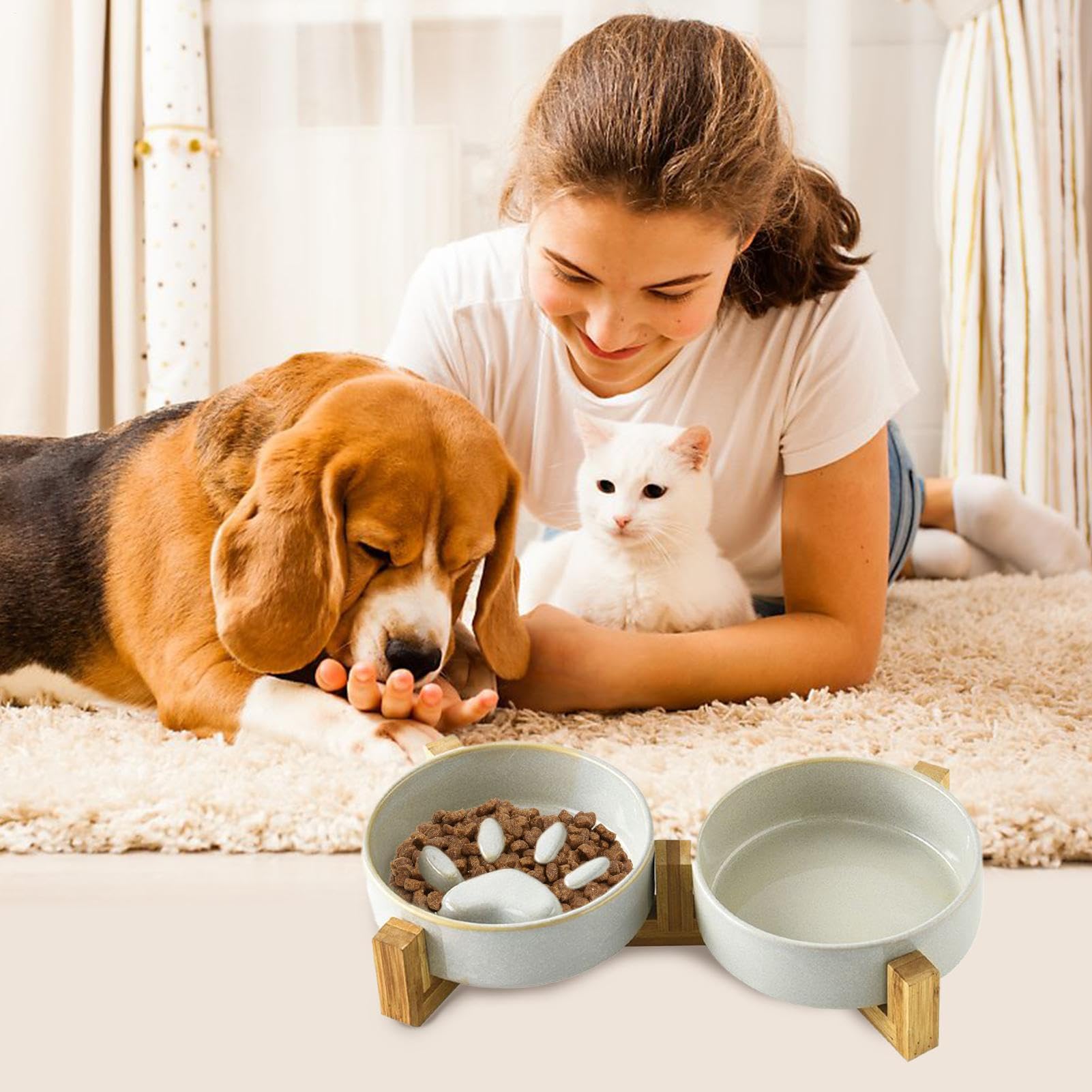 Lento Perros Y Bebedero Mediano Elevado | Soporte Cuencos Perros Cerámica Antideslizante Huella Mono Estación Alimentación Mascotas Accesorios Plato Camping Coche