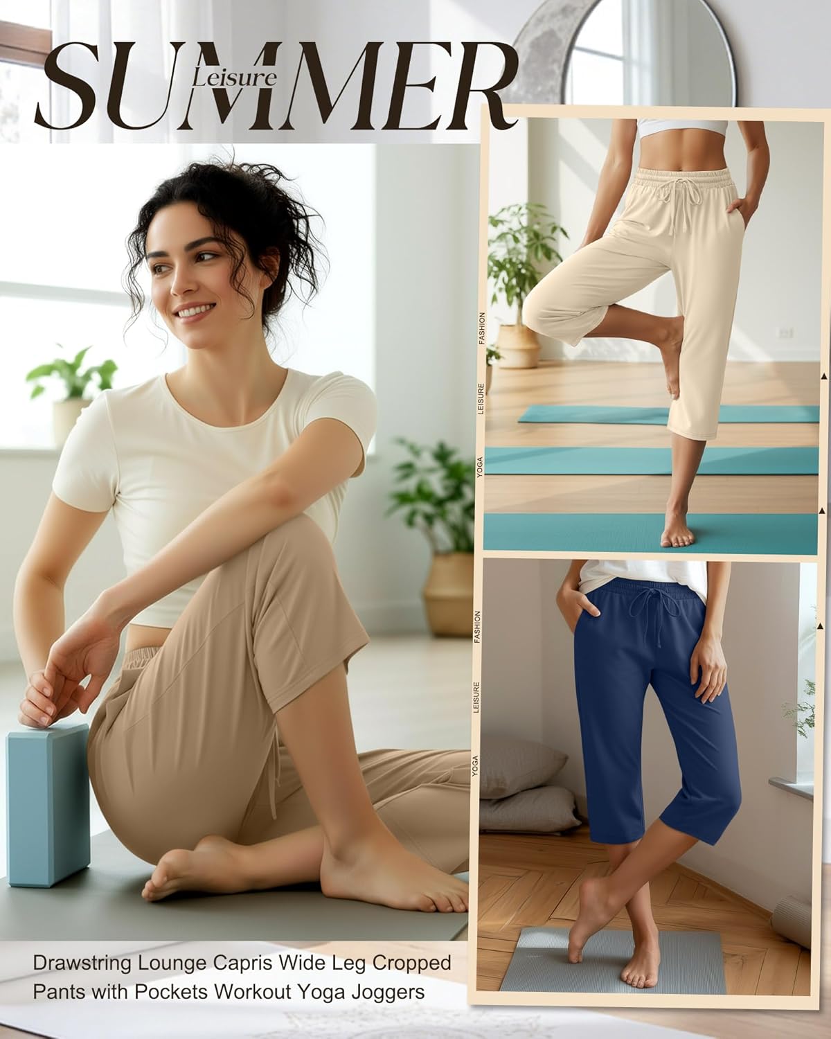 Huukeay 3 Pack Women's Capri Pants, Drawstring Lounge Capris Wide Leg Cropped Pants with Pockets Workout Yoga Joggers - Image 5