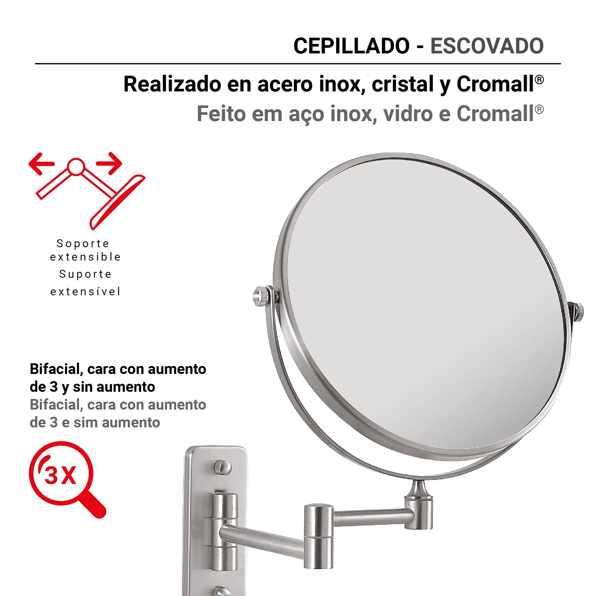 Gedy Gaia Espejo de Aumento, Espejo Maquillaje de Pared, 2 Caras, 3X, Extensible, Cepillado, Acero INOX y Cristal, 23-26 x 3,6-29 x 31