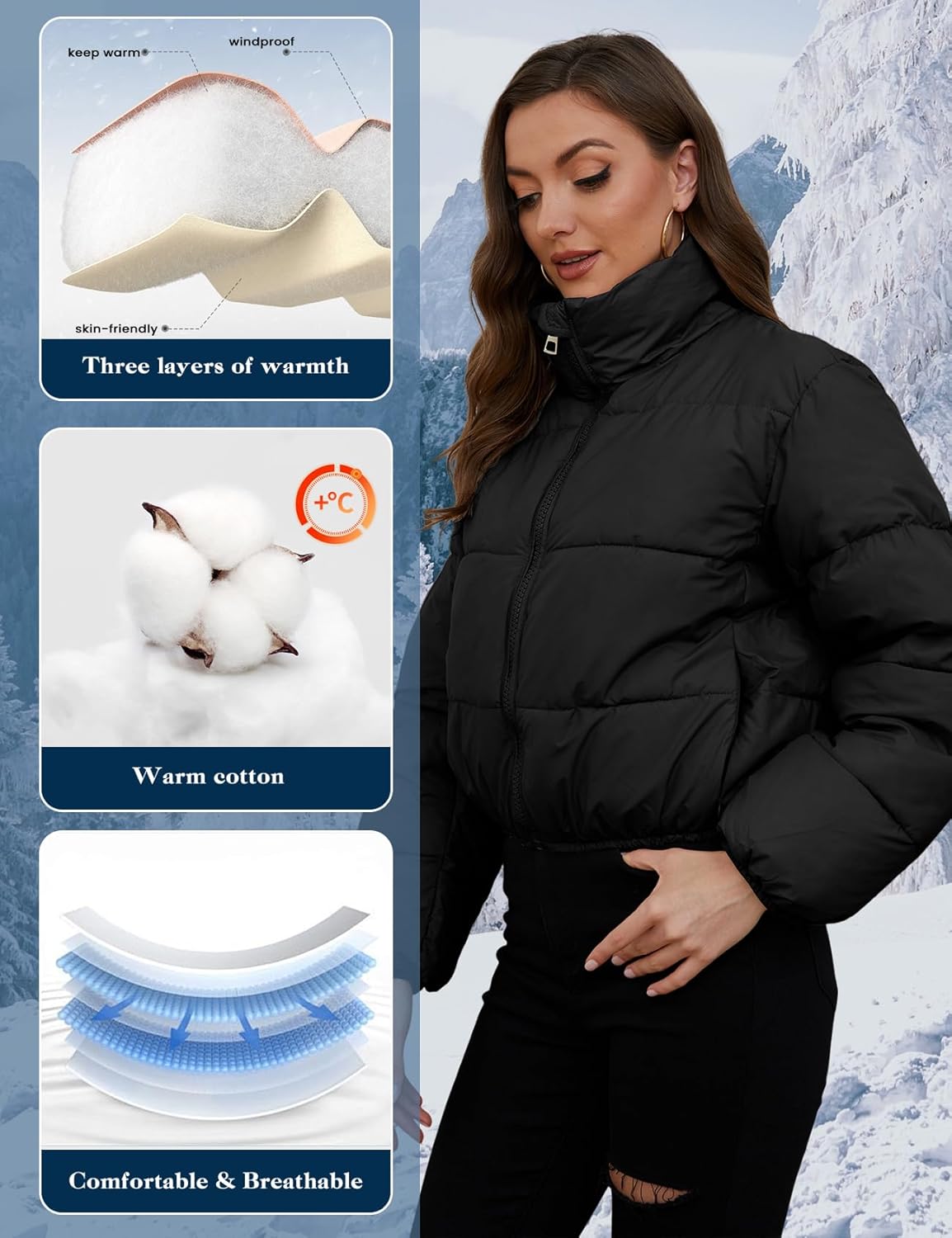 Yimoon Women's Cropped Puffer Jacket Quilted Lightweight Stand Collar Full Zip Short Down Jacket - Image 4