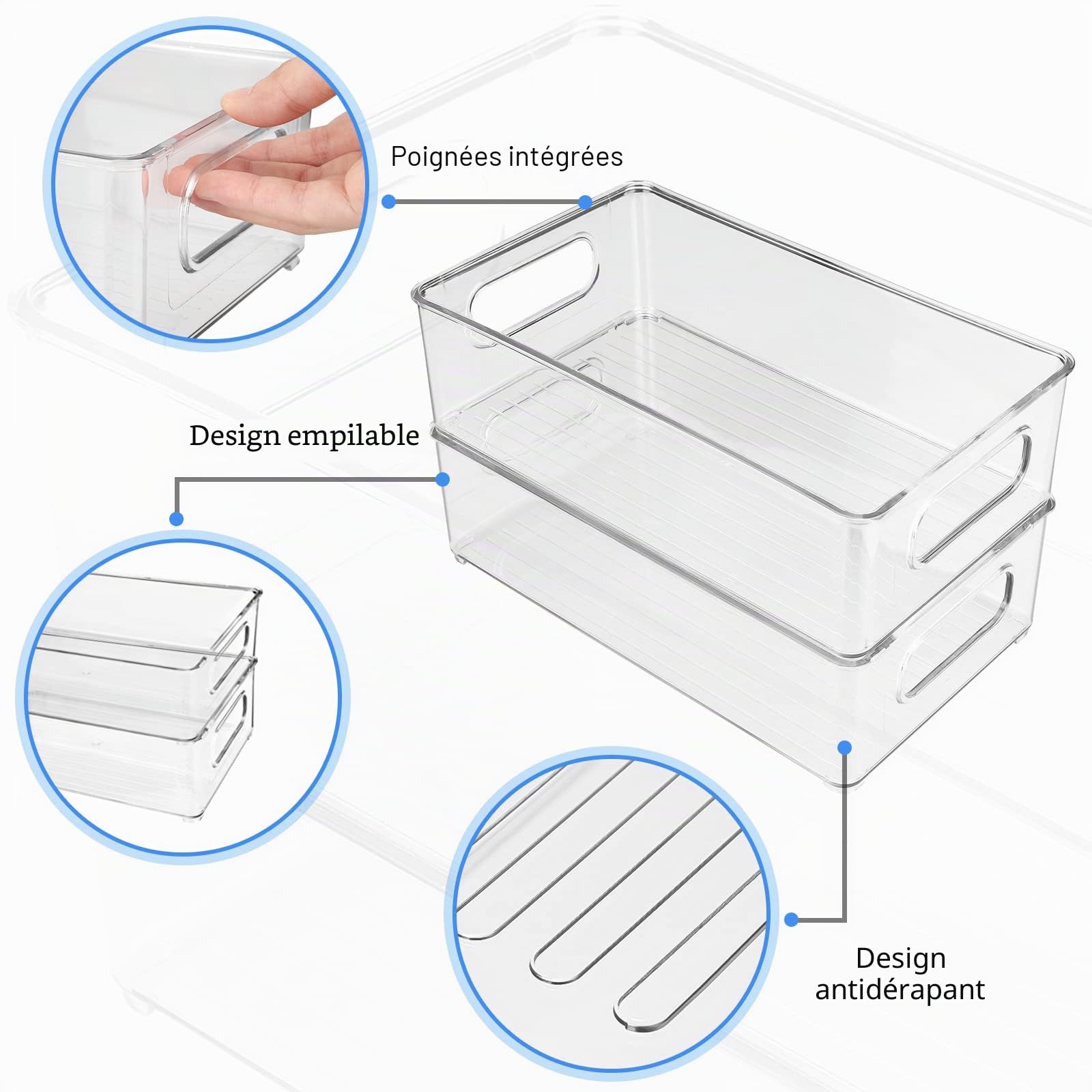 Boite de Rangement Frigo Transparent, Empilable Organisateur Frigo pour le Réfrigérateur, la Cuisine, le Garde-manger, les Armoires et les Comptoirs