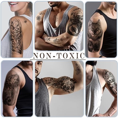 Miniatura 5 de 77 hojas de tatuaje temporal para hombres y mujeres 17 hojas de tatuajes falsos de medio brazo pecho y hombro 60 hojas pequeñas negras para adultos