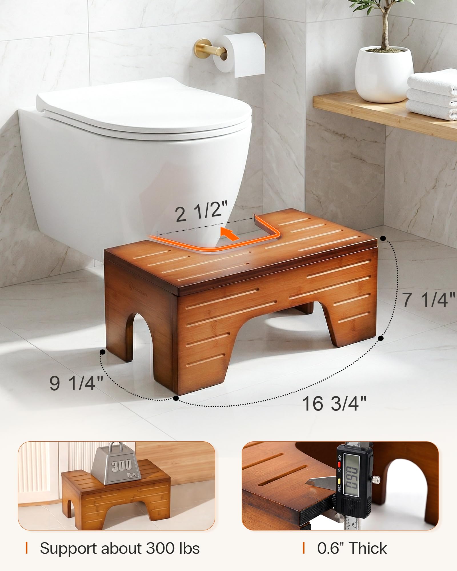 StrongTek Klappbarer Toilettenhocker aus Bambus, höhenverstellbar 18/23 cm, Toilettenhocker für Erwachsene, ergonomische Toilettenhaltung, Rutschfester Badezimmerhocker, faltbar, Rotbraun