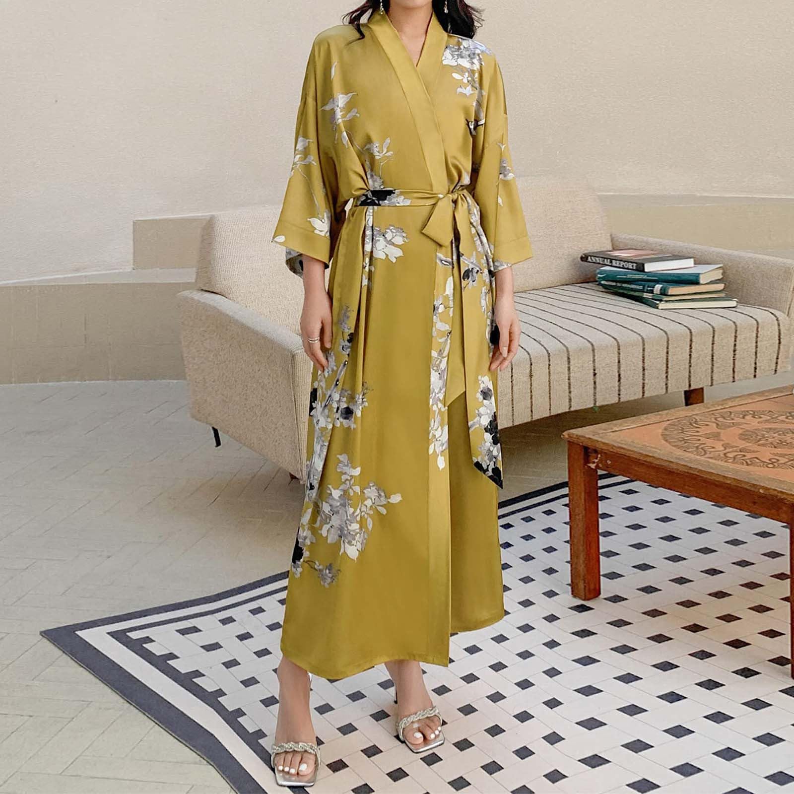 Costume 2026 pour femme Kimono luxueux en satin avec motif floral pour femme, sensation cool, manches 3/4, long, décontracté, peignoir de bain, vêtements de nuit