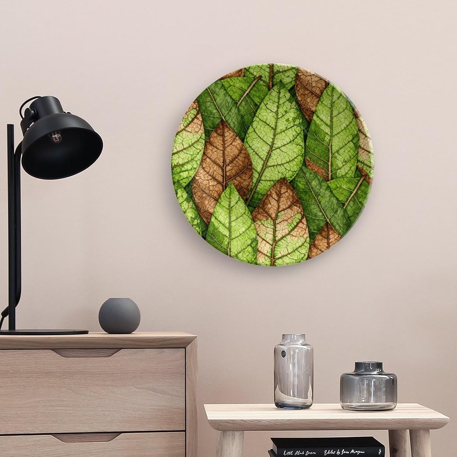 Leaf Vein Green Decorative Plates Bone China Plates with Stand for Display 10inch Round Ceramic Dinner Plates Dessert Plate for Kitchen Party Coffee Table Decor Art