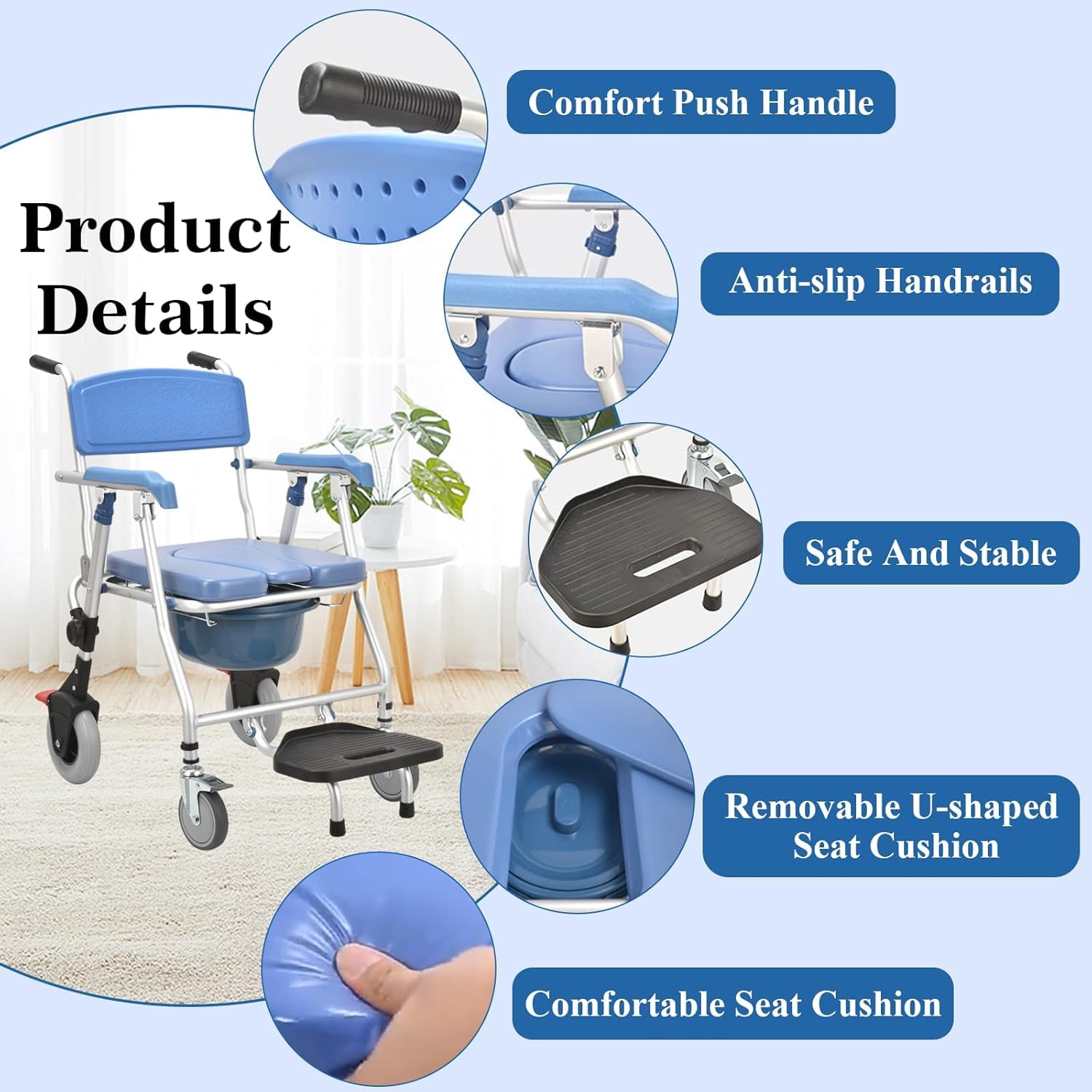 Sedia Da Doccia Con Rotelle, Sedia Doccia Per Anziani, Multifunzione Sedia a Rotelle Con Schienale Bracciolo E Secchio WC, Sedia Doccia Pieghevole Con Ruote Per Doccia Disabili