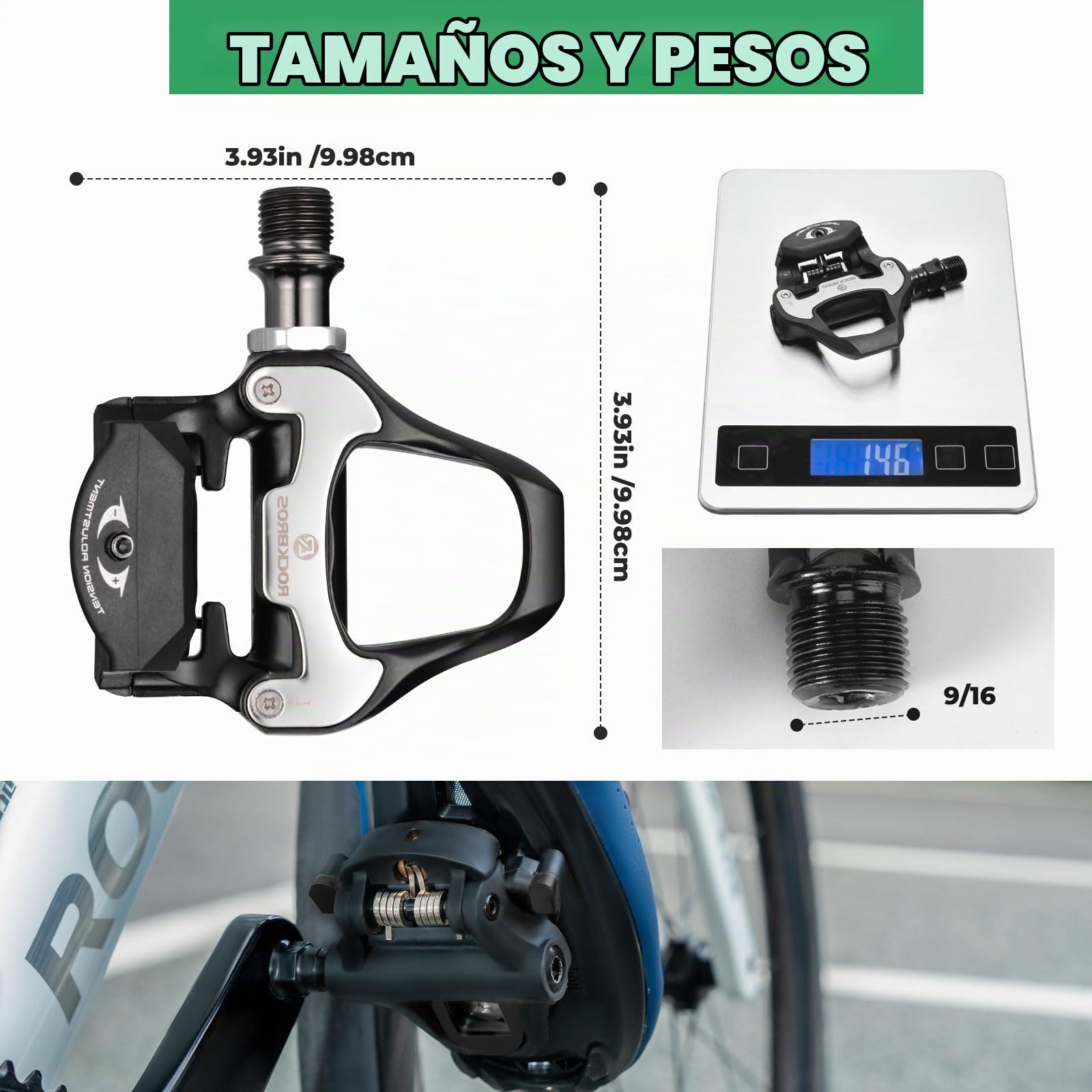 ROCKBROS Pedales Automáticos Compatibles con Look KEO, Pedales de Carretera Plataforma Ligera con Calas, Tensión Ajustable, Eje de CrMo, Ideales para Competición y Entrenamiento